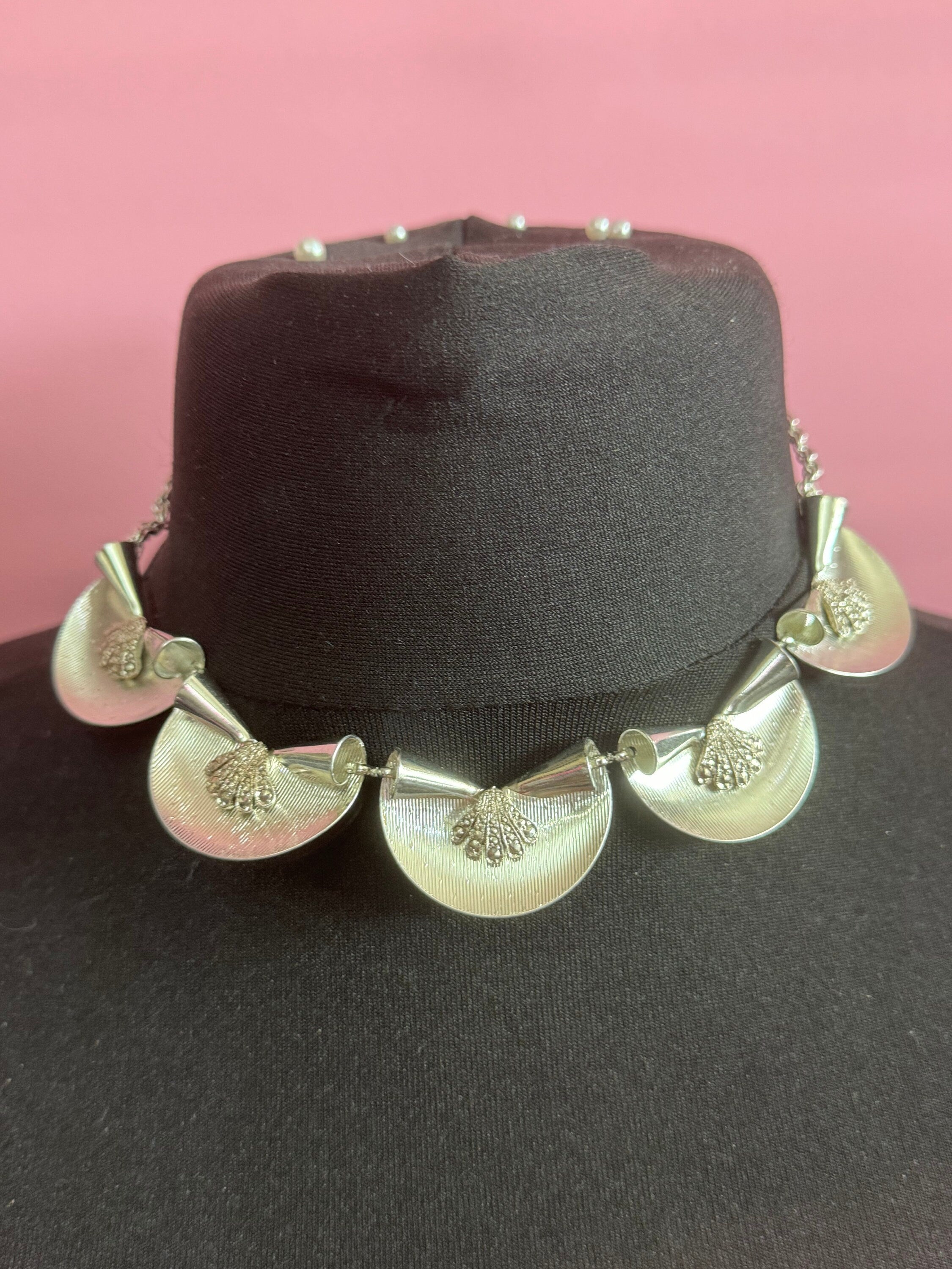 True vintage signed KIGU of London marcasite necklace & oversized fan Clip on earrings rhodium plated old shop stock from 1950s Marquetta