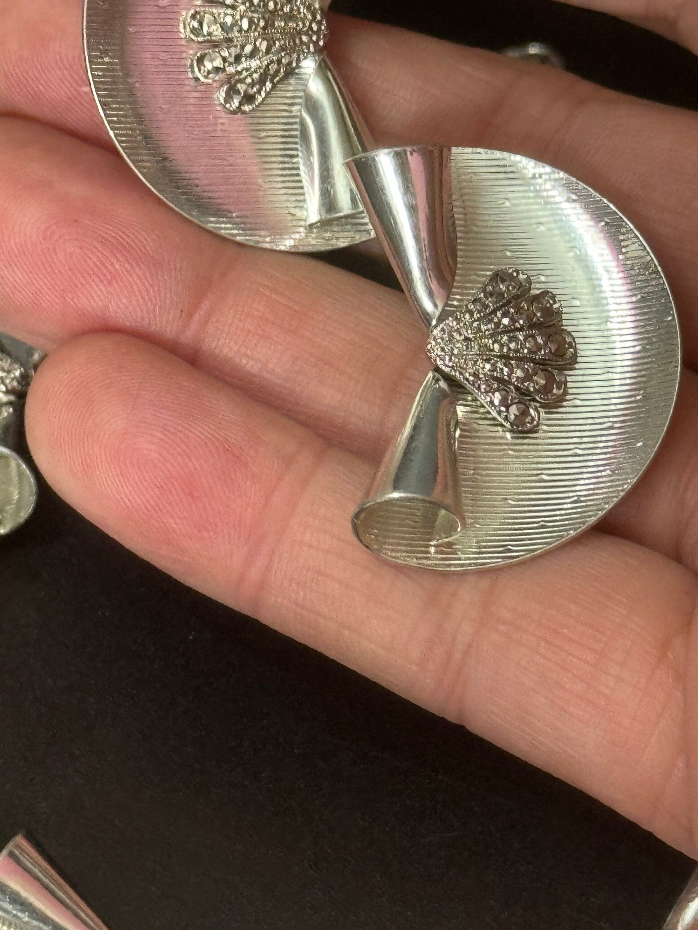 True vintage signed KIGU of London marcasite necklace & oversized fan Clip on earrings rhodium plated old shop stock from 1950s Marquetta