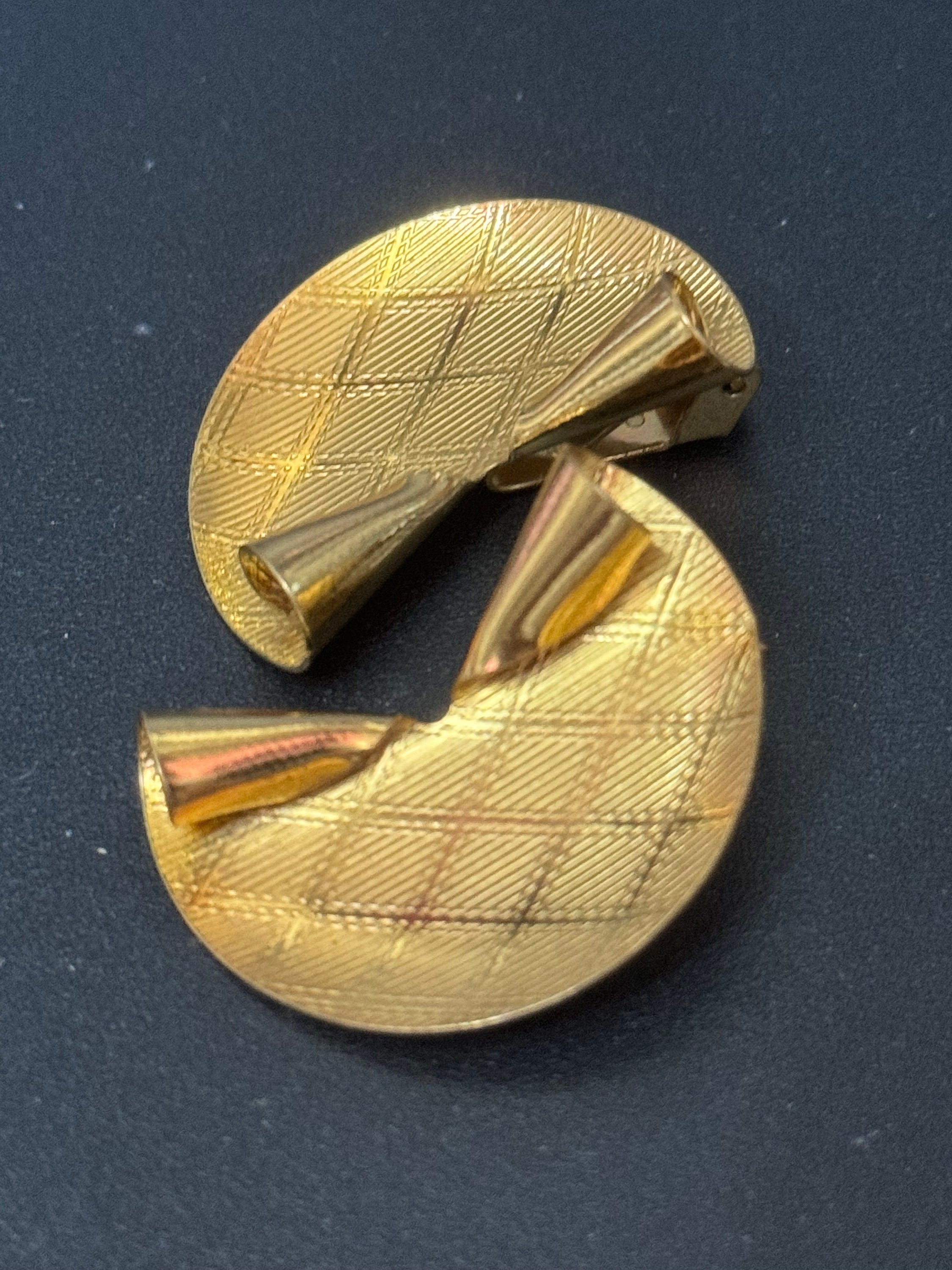 True vintage signed KIGU of London diamond etched oversized fan Clip on earrings 22ct gold plated old shop stock from 1950s