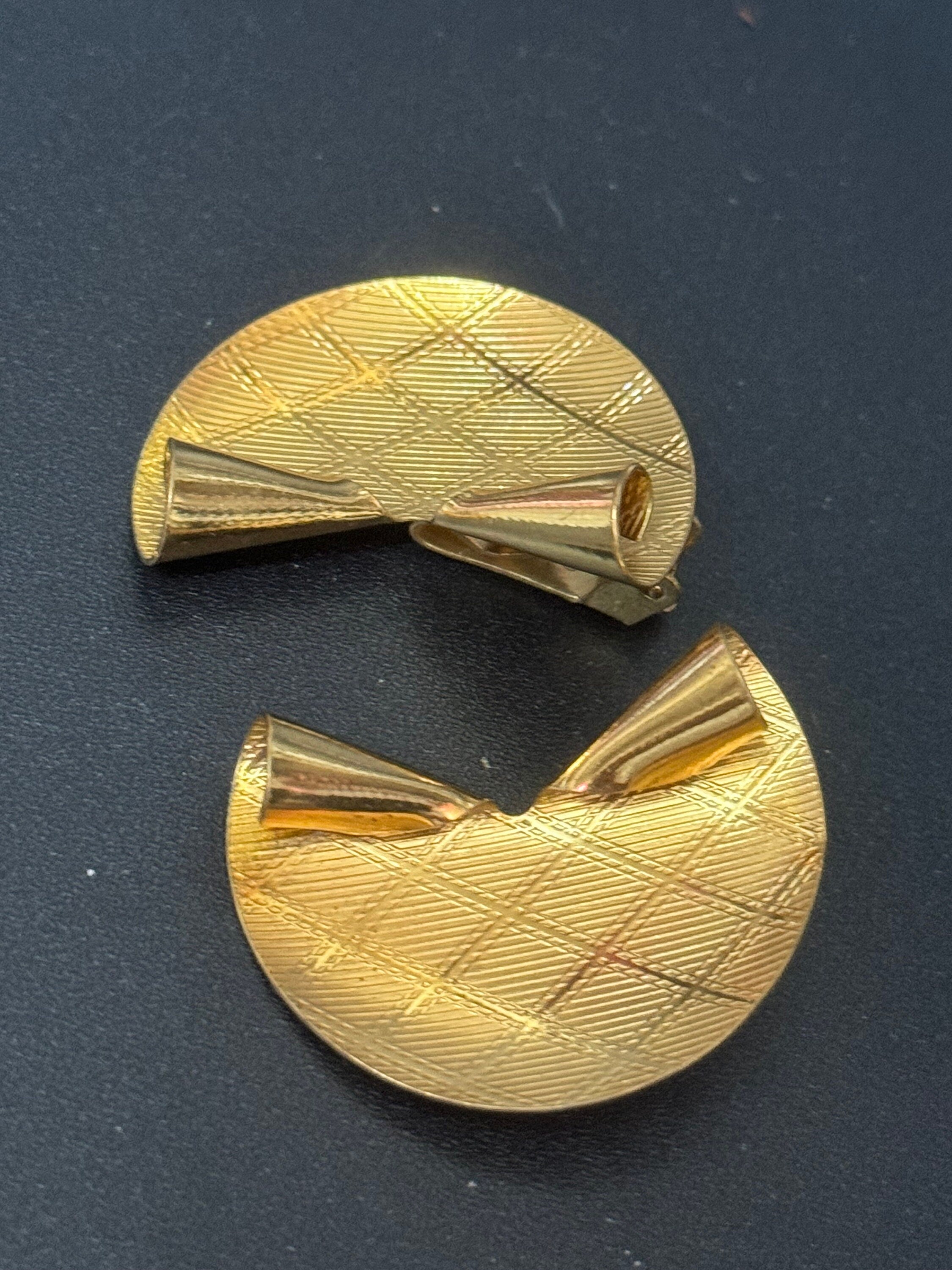 True vintage signed KIGU of London diamond etched oversized fan Clip on earrings 22ct gold plated old shop stock from 1950s
