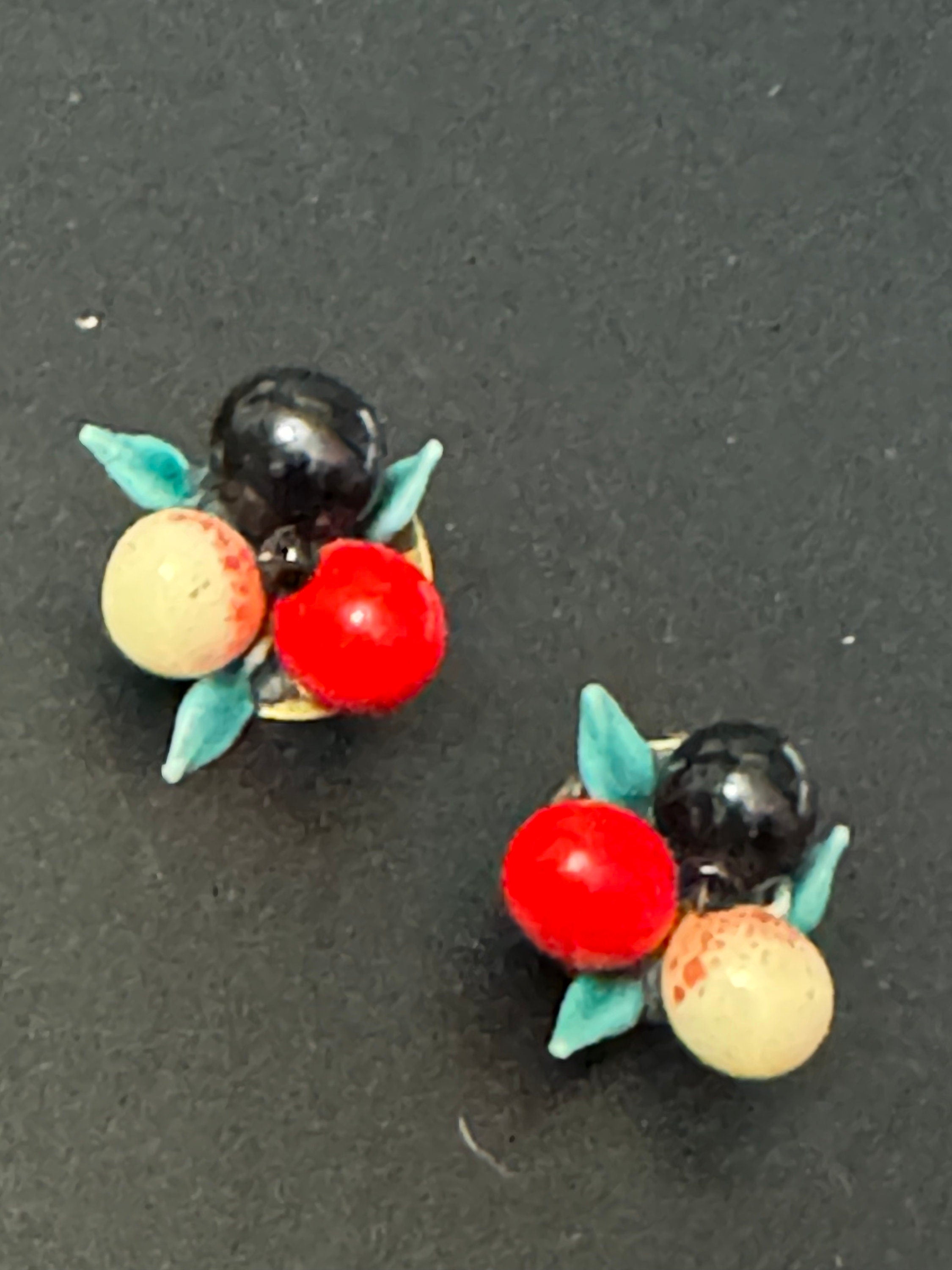 Antique FRUIT Basket clip on stud earrings 1930s