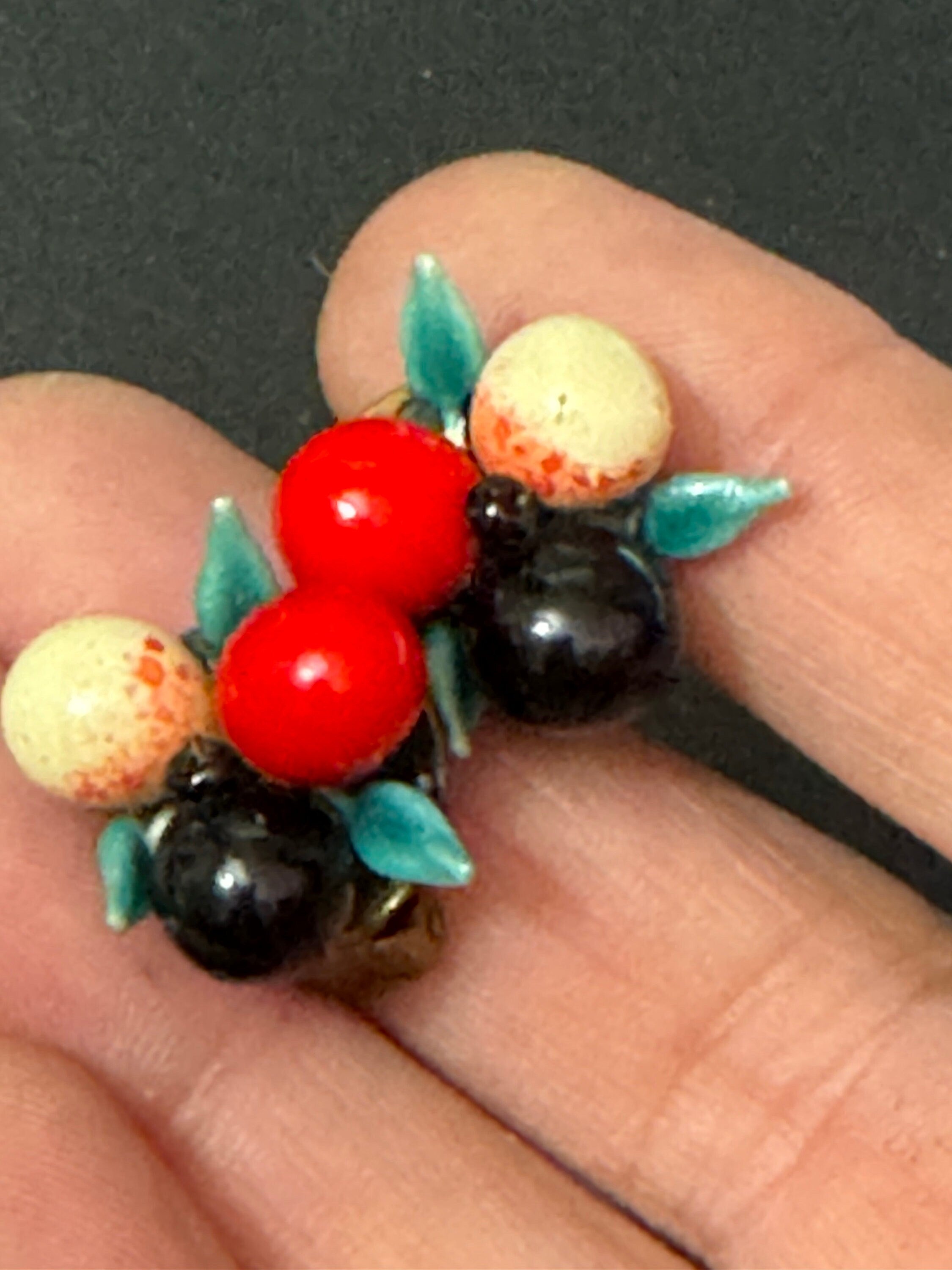 Antique FRUIT Basket clip on stud earrings 1930s