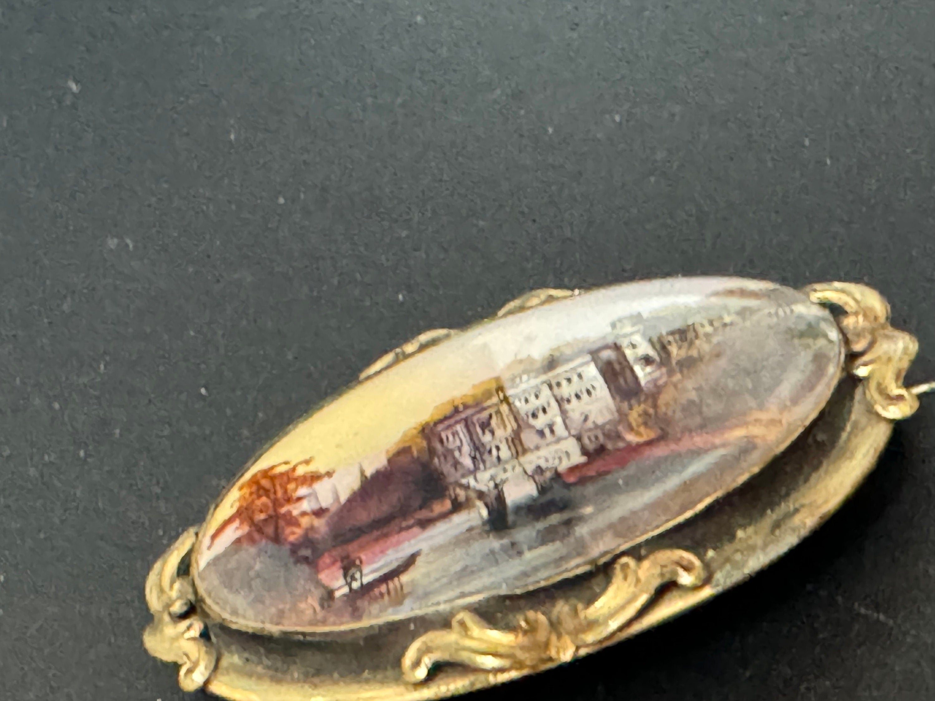 Antique gilt metal fine art hand painted miniature oval scenery brooch 1800s