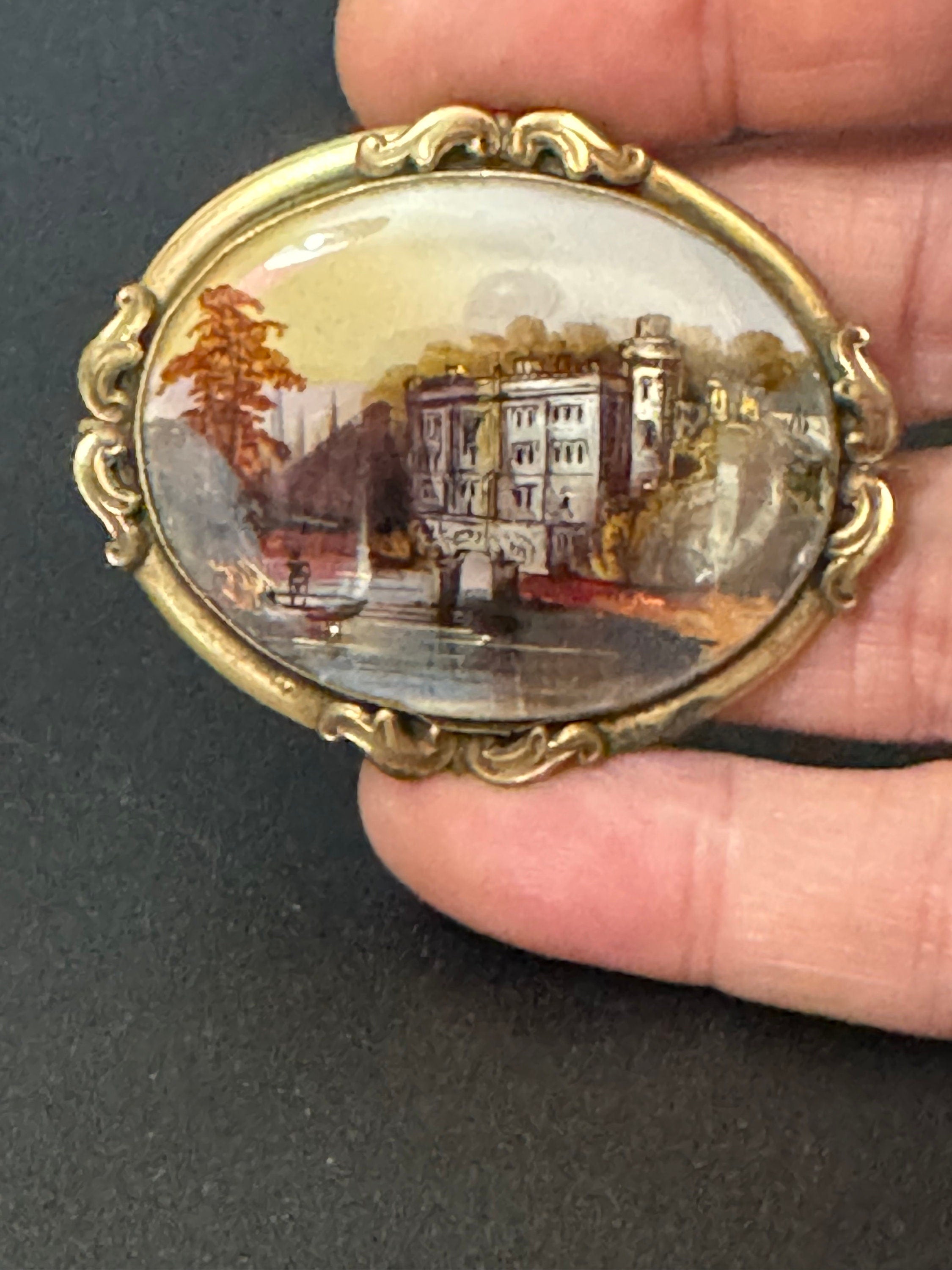Antique gilt metal fine art hand painted miniature oval scenery brooch 1800s