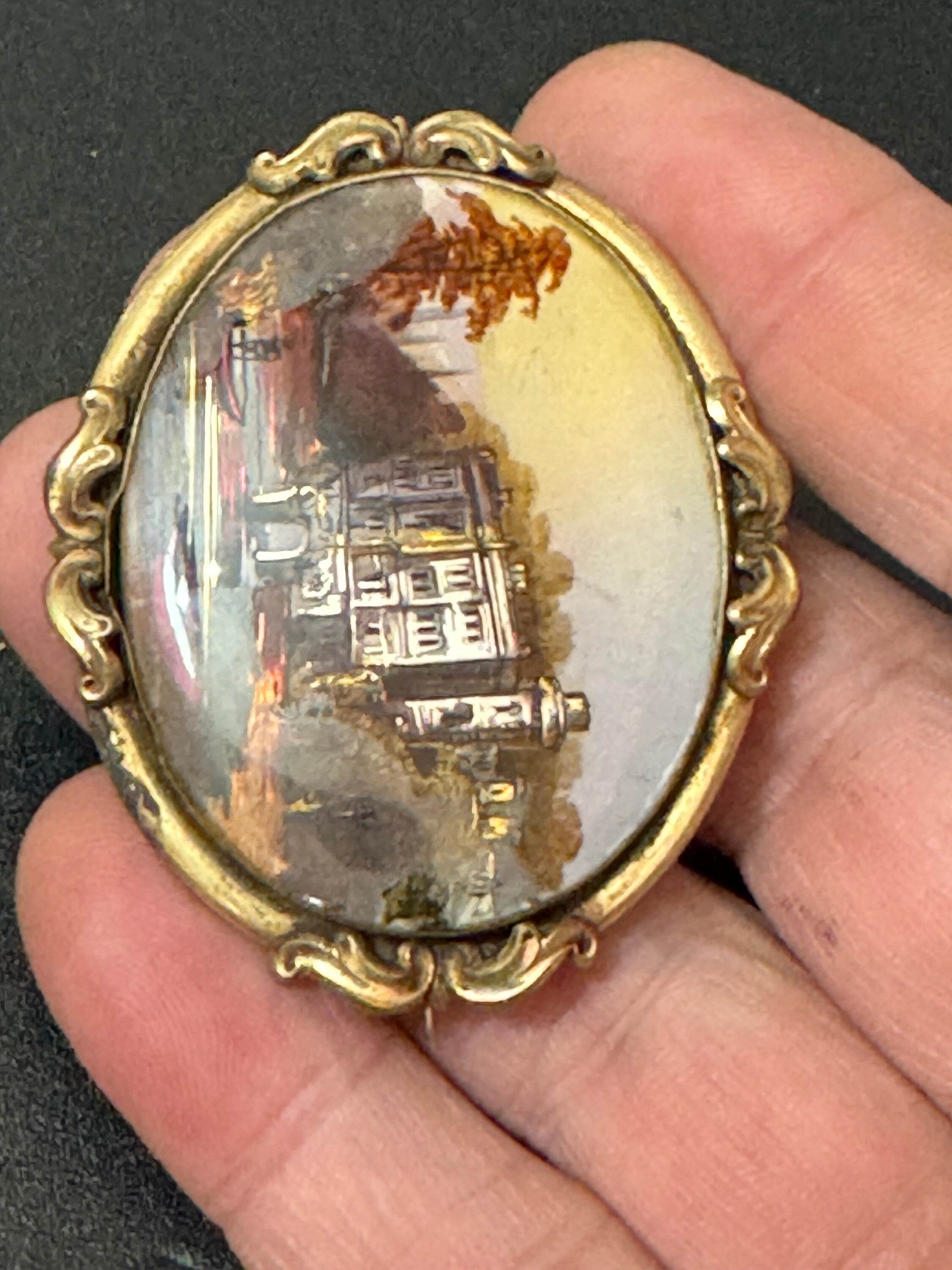 Antique gilt metal fine art hand painted miniature oval scenery brooch 1800s