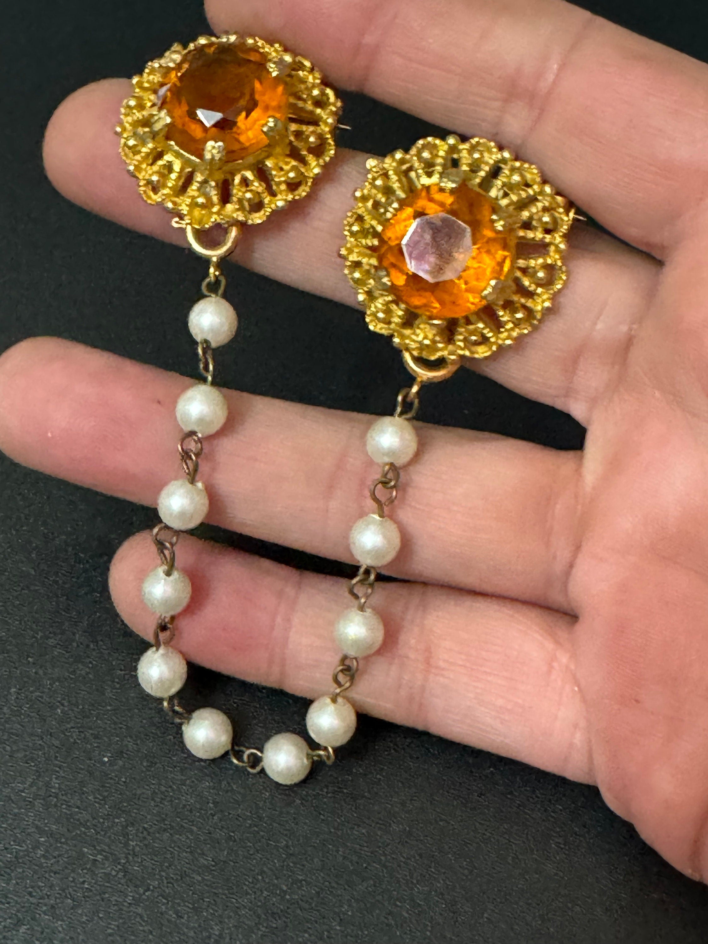 Vintage Gold Tone Sweater Guard: Faux Pearl & Citrine Glass Brooch