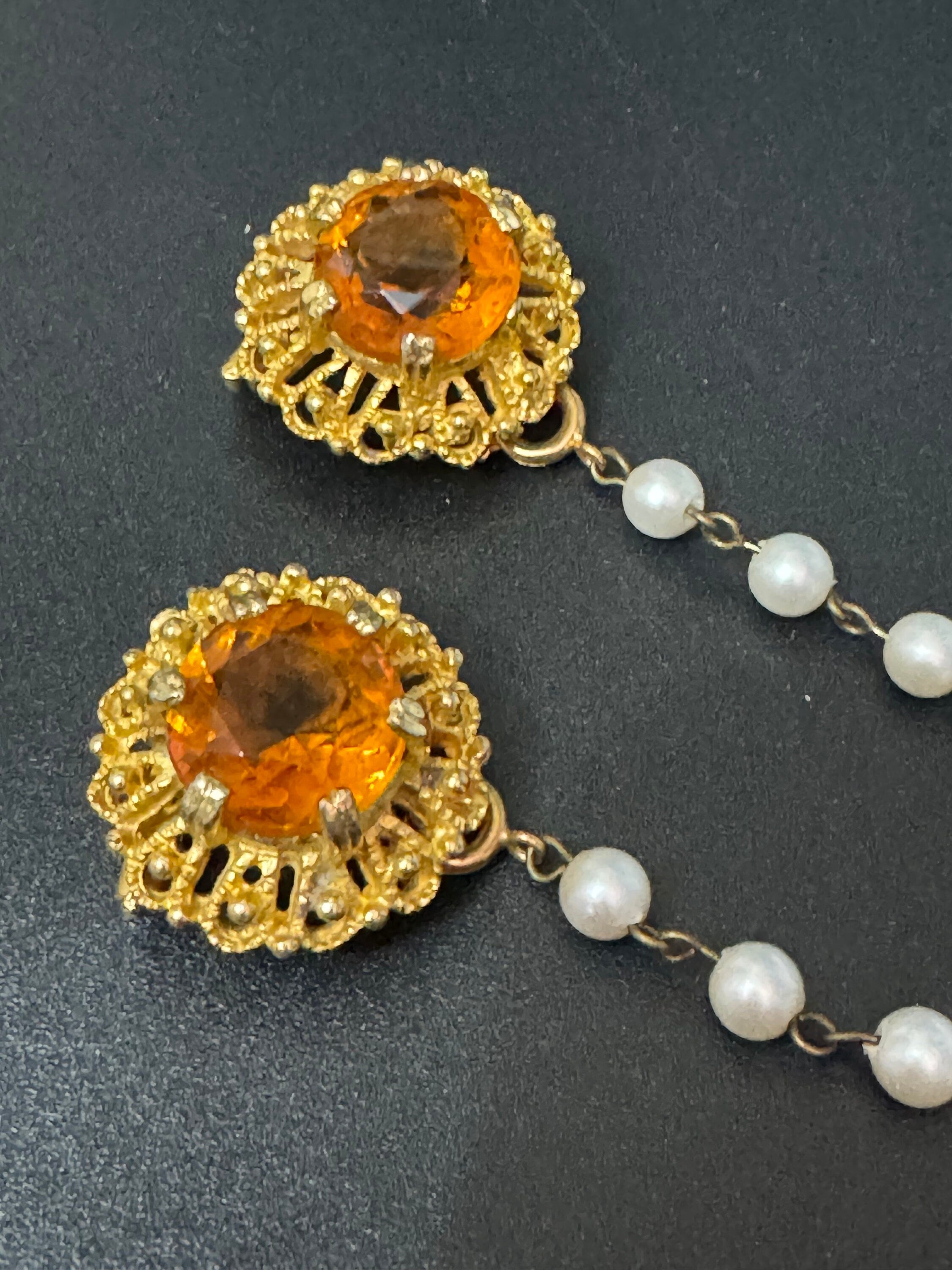 Vintage Gold Tone Sweater Guard: Faux Pearl & Citrine Glass Brooch