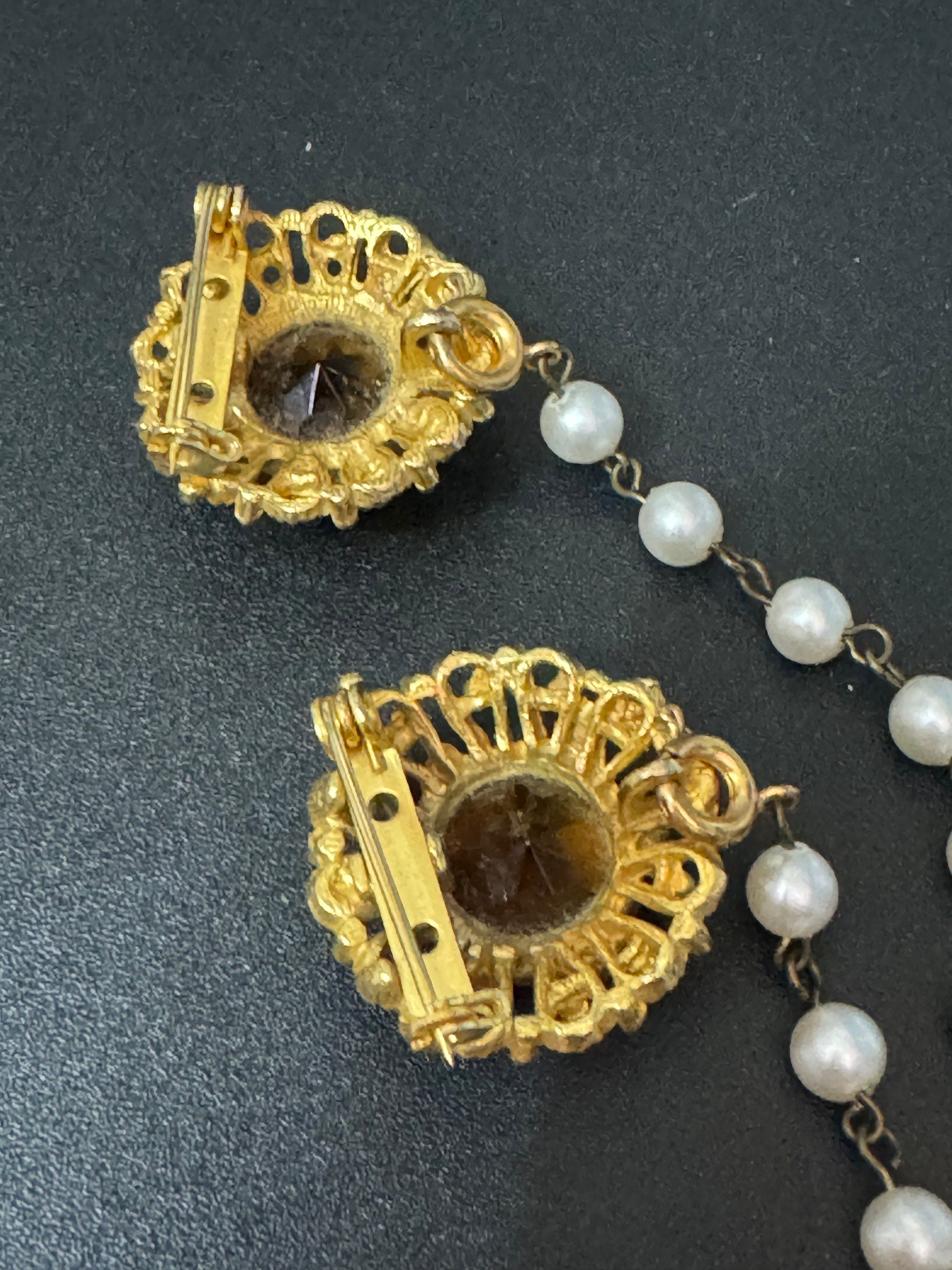 Vintage Gold Tone Sweater Guard: Faux Pearl & Citrine Glass Brooch