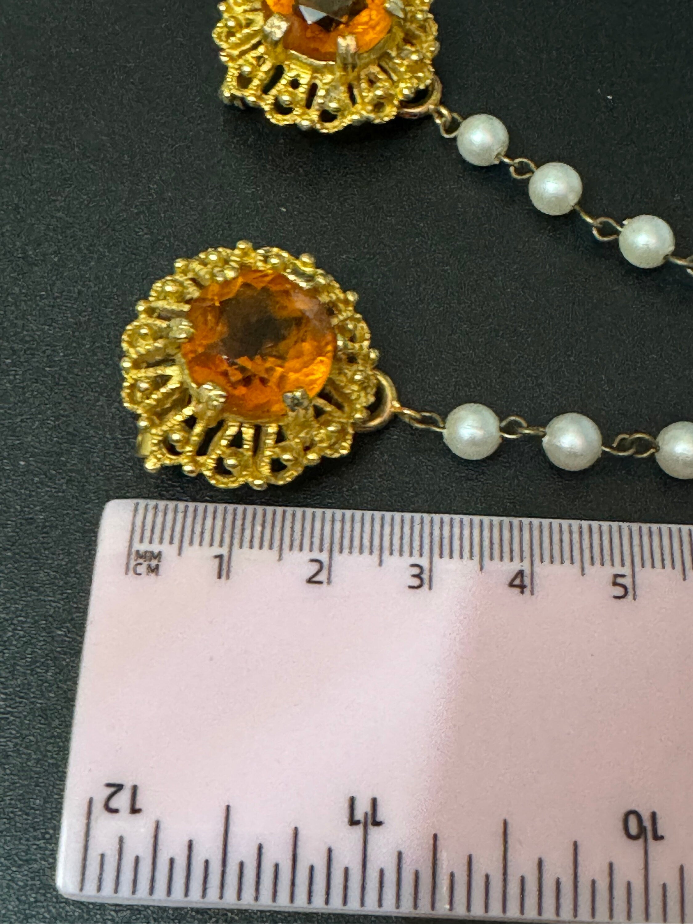 Vintage Gold Tone Sweater Guard: Faux Pearl & Citrine Glass Brooch
