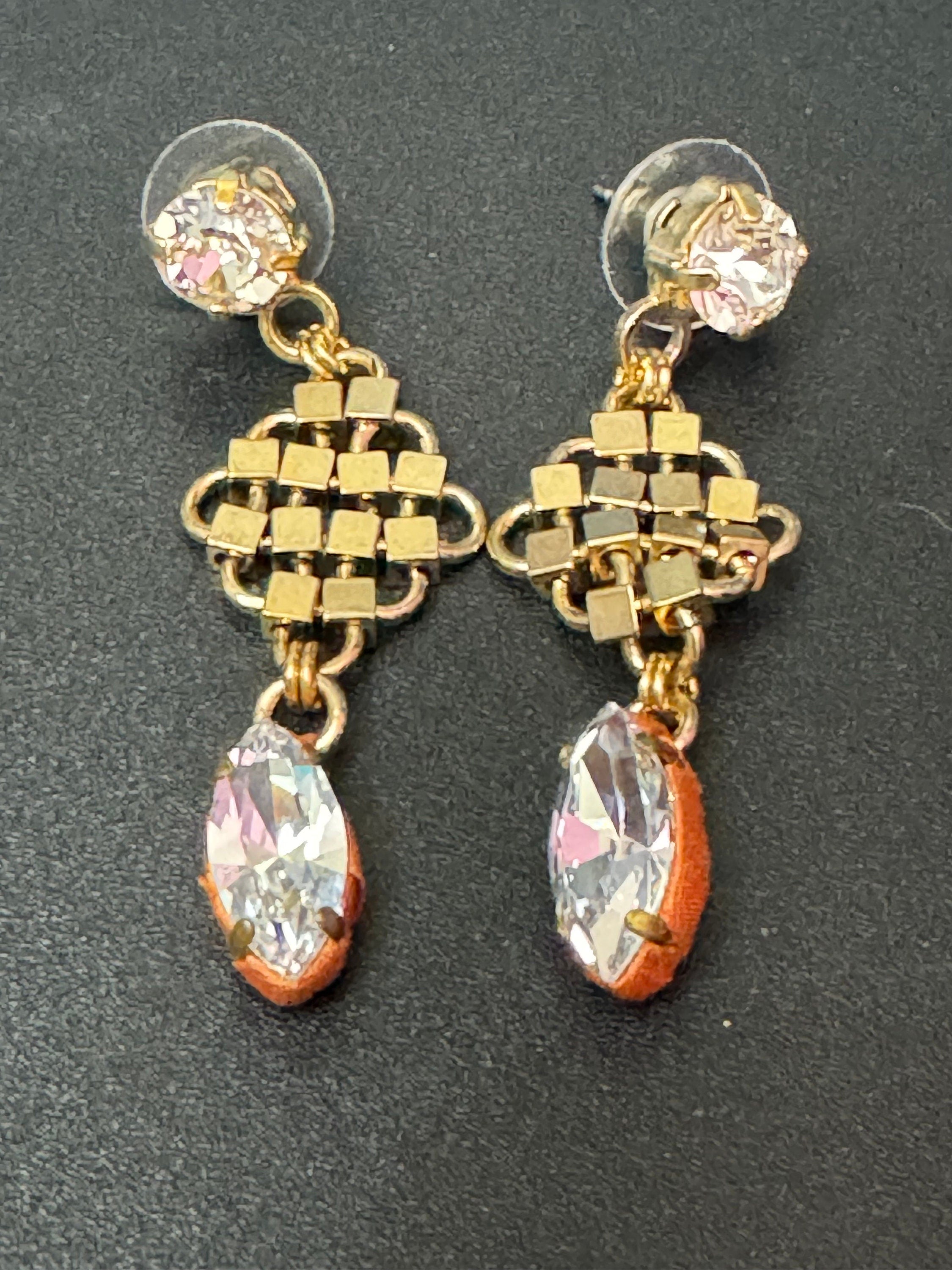 Retro Swarovski Crystal orange silk gold mesh dangly earrings