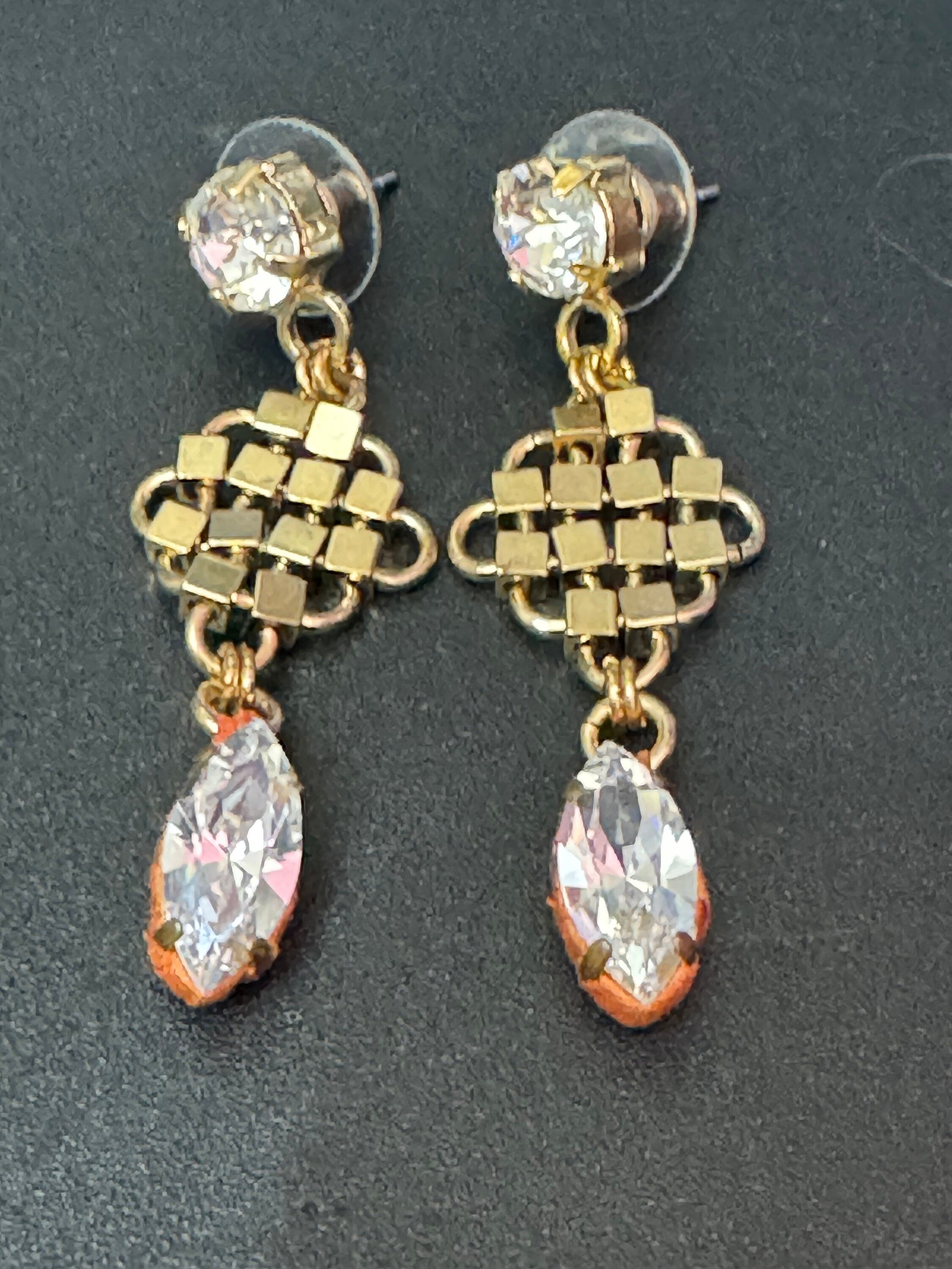 Retro Swarovski Crystal orange silk gold mesh dangly earrings