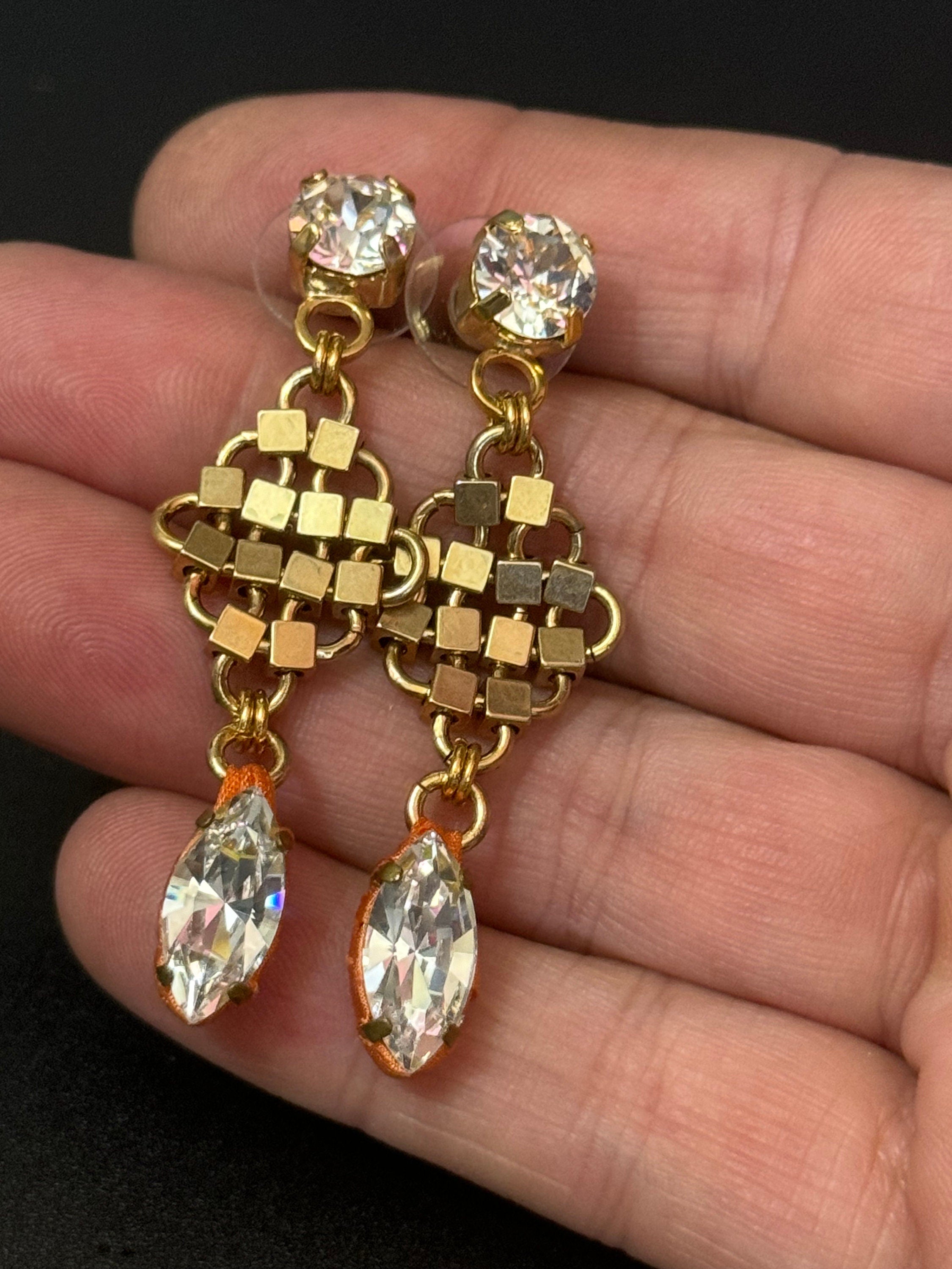 Retro Swarovski Crystal orange silk gold mesh dangly earrings
