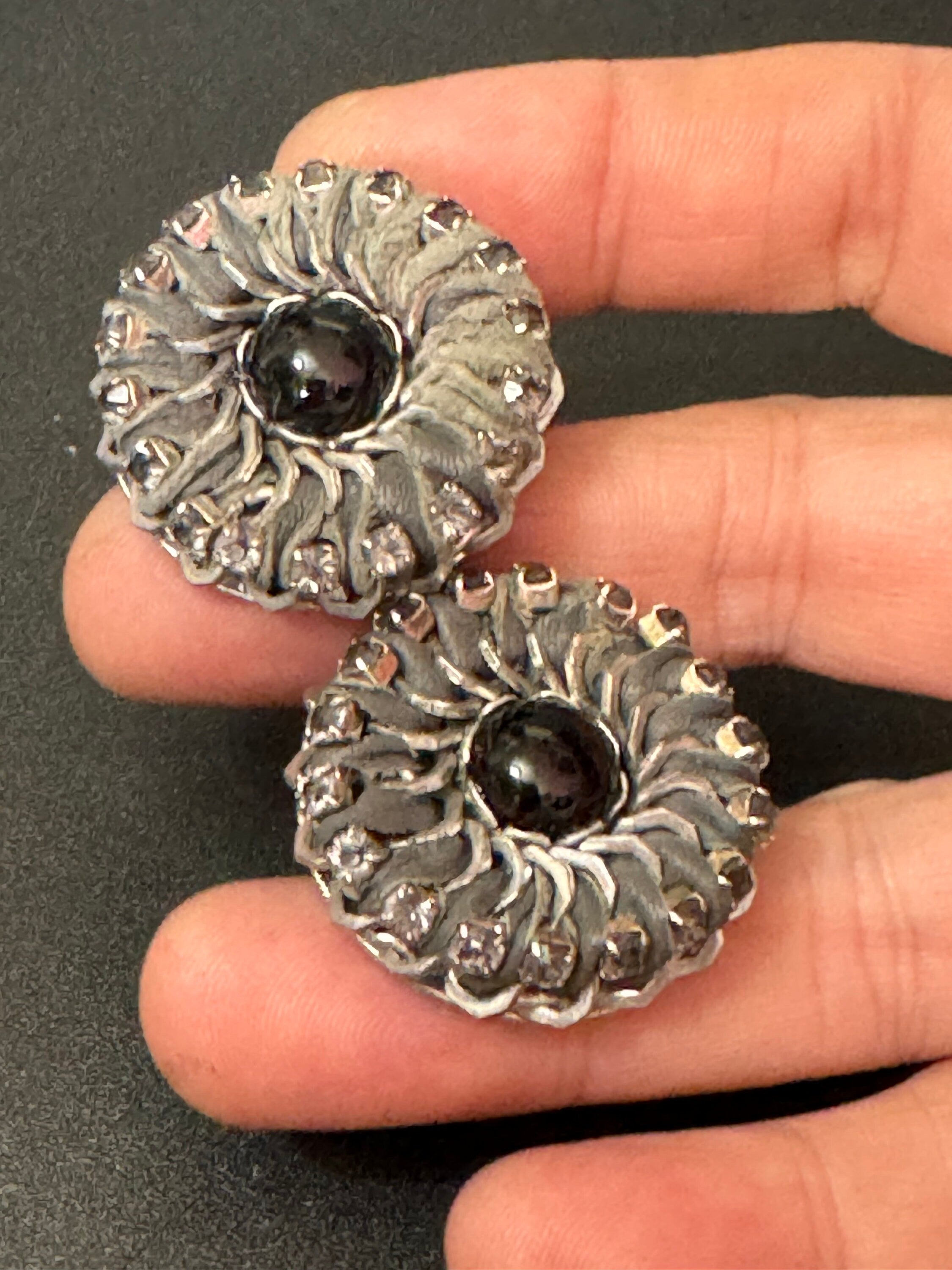 Retro Swarovski Crystal Grey leather silver tone oversized round button stud earrings designer