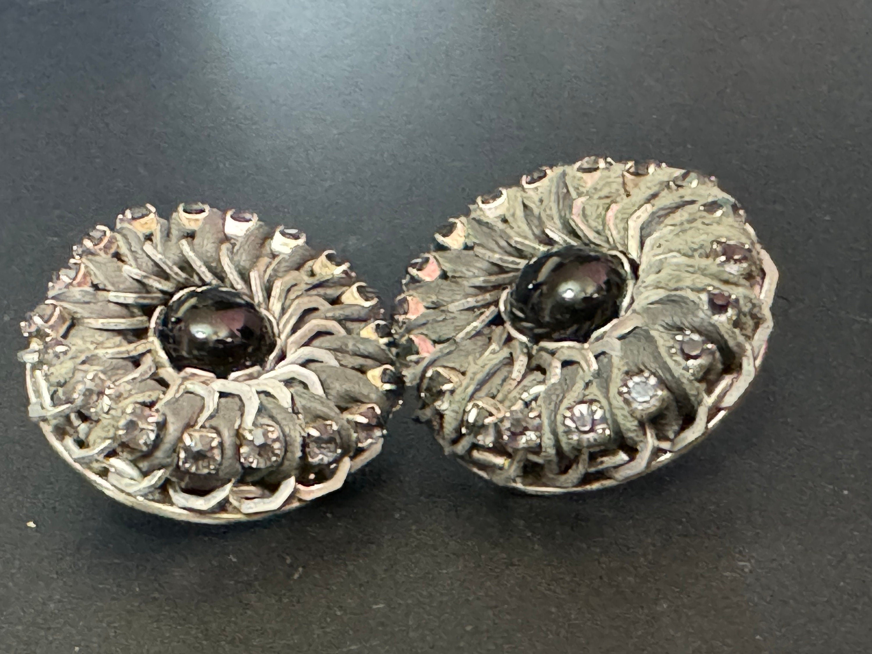 Retro Swarovski Crystal Grey leather silver tone oversized round button stud earrings designer