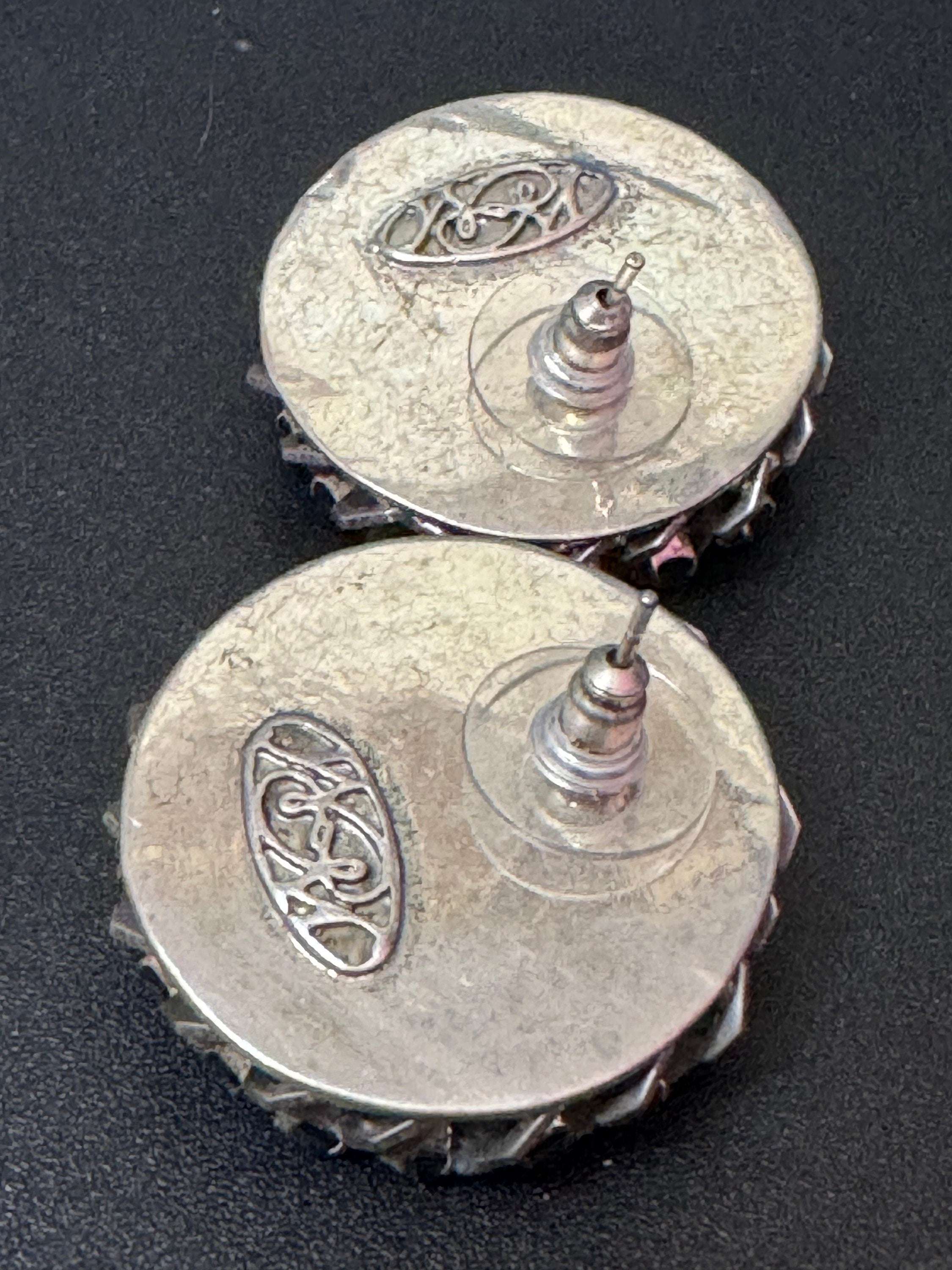 Retro Swarovski Crystal Grey leather silver tone oversized round button stud earrings designer