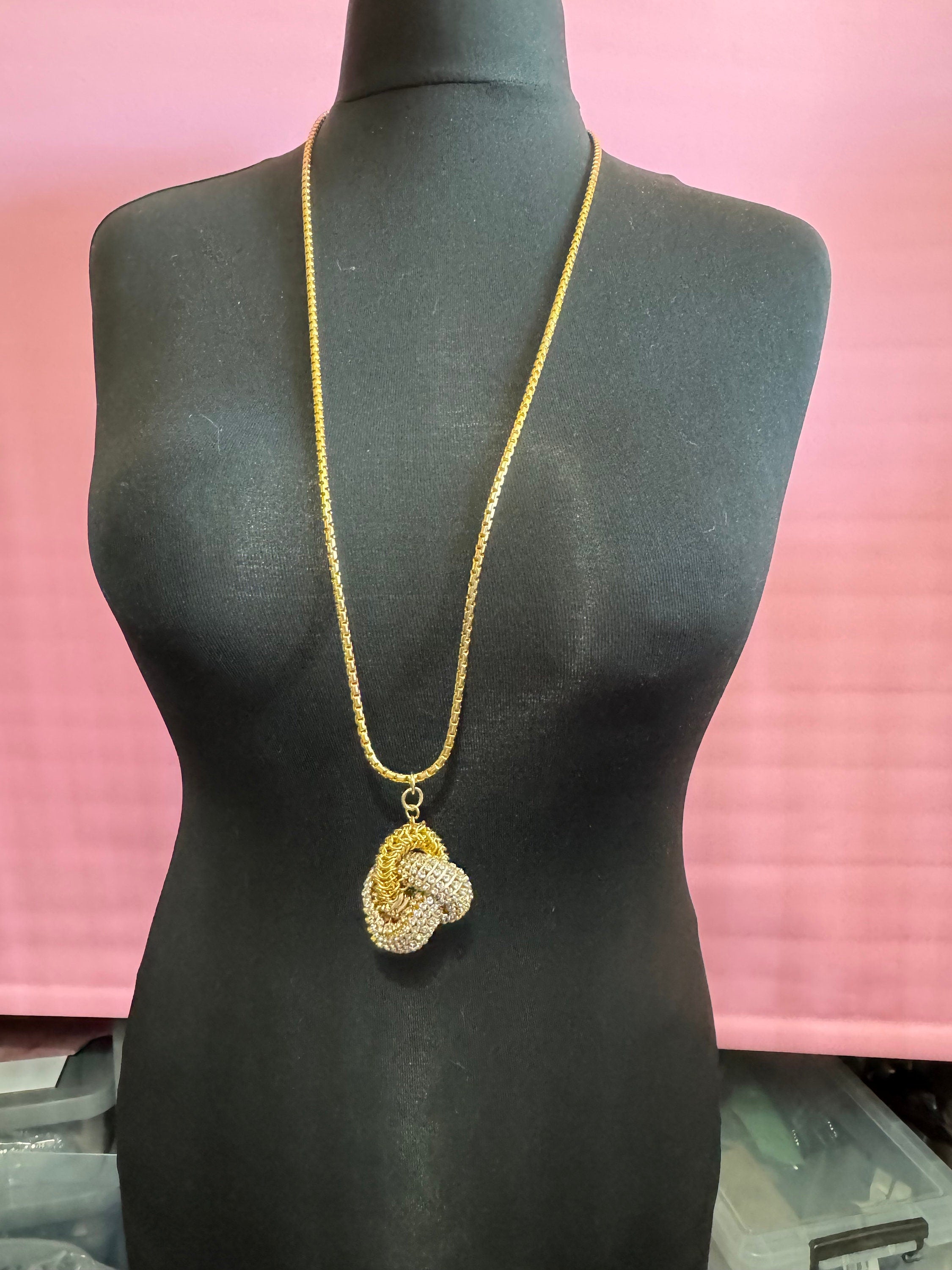 Retro soft lilac Swarovski Crystal gold tone diamanté knot pendant necklace designer