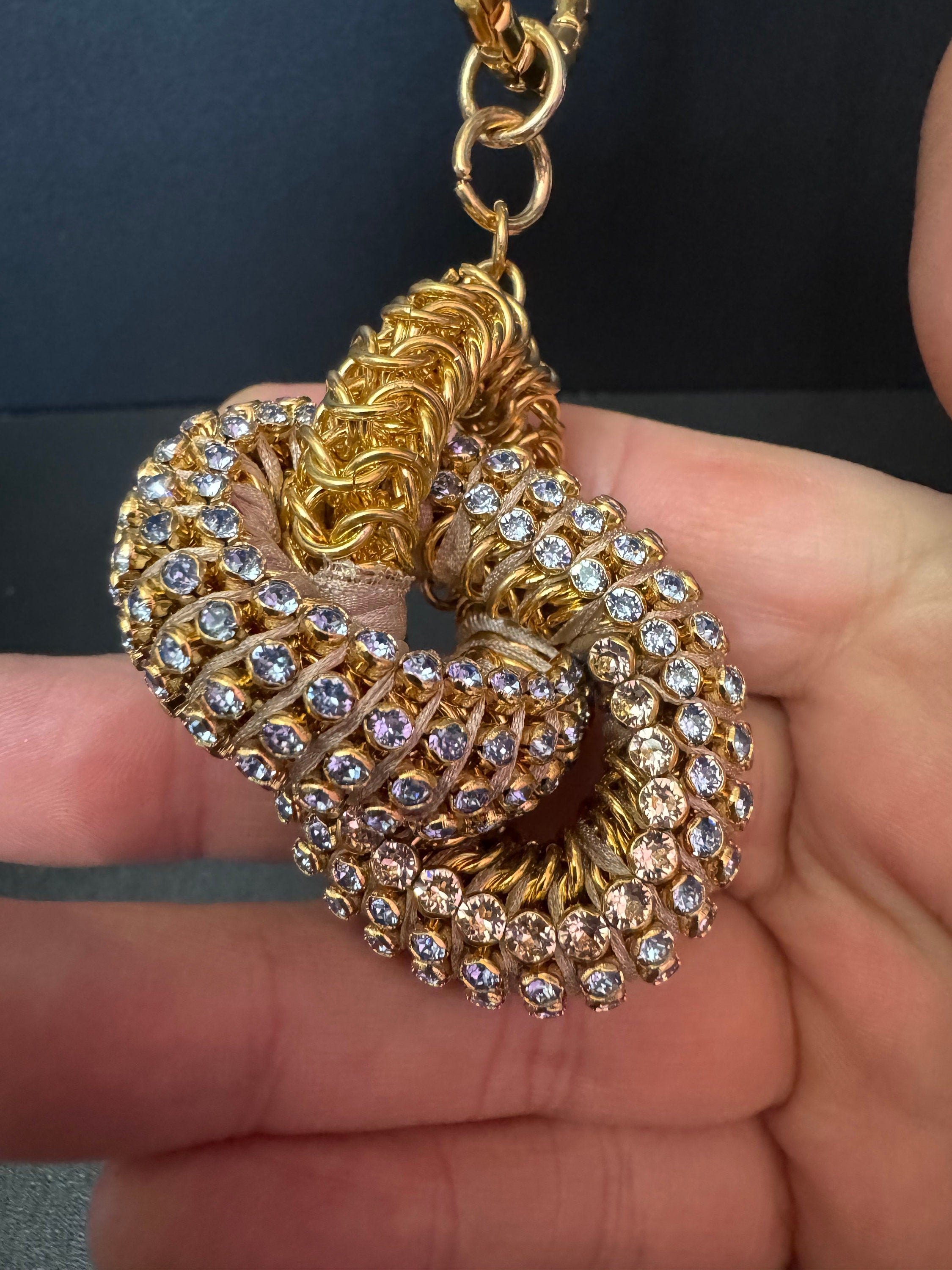 Retro soft lilac Swarovski Crystal gold tone diamanté knot pendant necklace designer