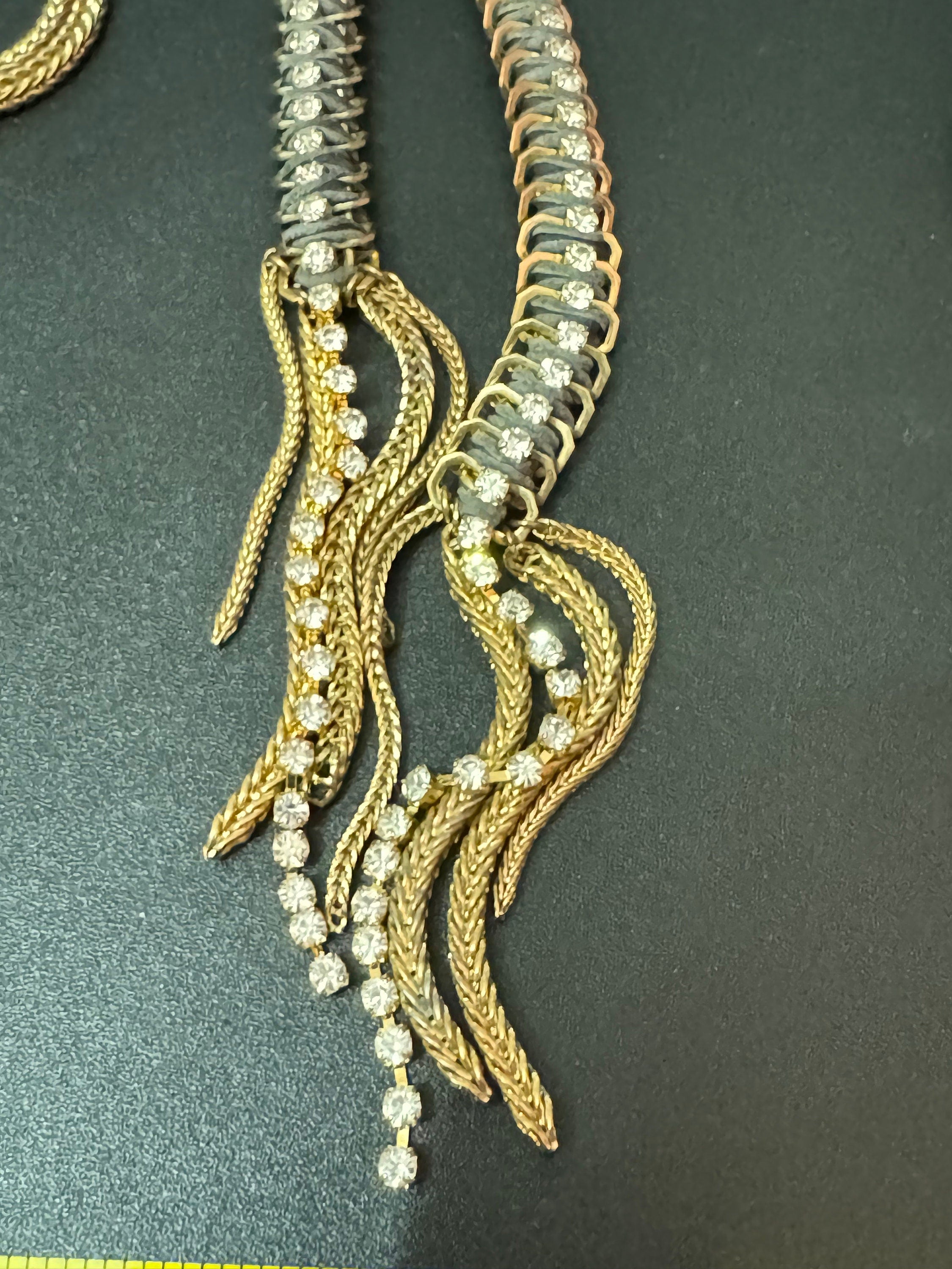 Retro dark blue and clear Swarovski crystal diamanté and grey leather gold tone diamanté knot pendant necklace and matching hoop earrings