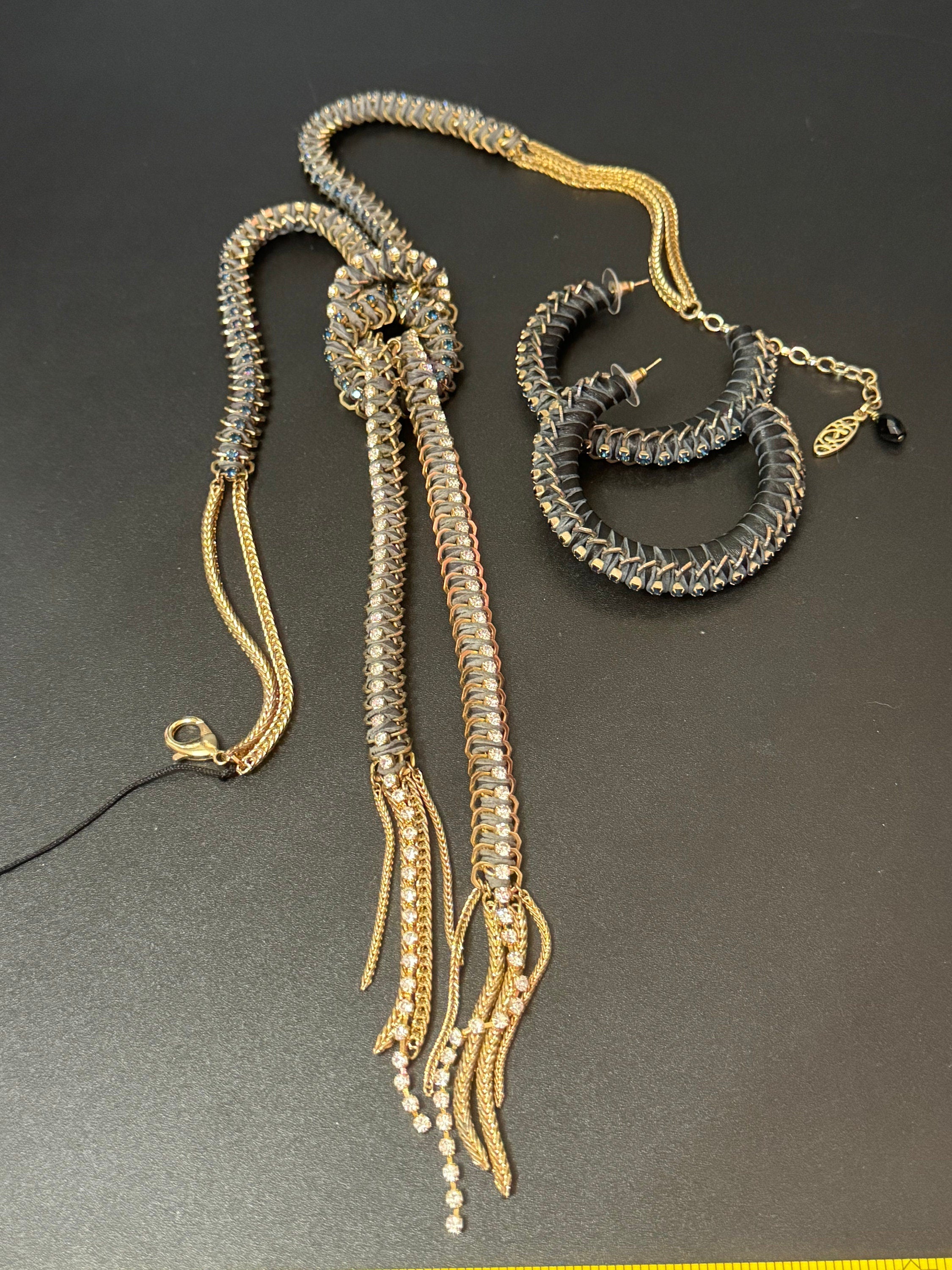 Retro dark blue and clear Swarovski crystal diamanté and grey leather gold tone diamanté knot pendant necklace and matching hoop earrings