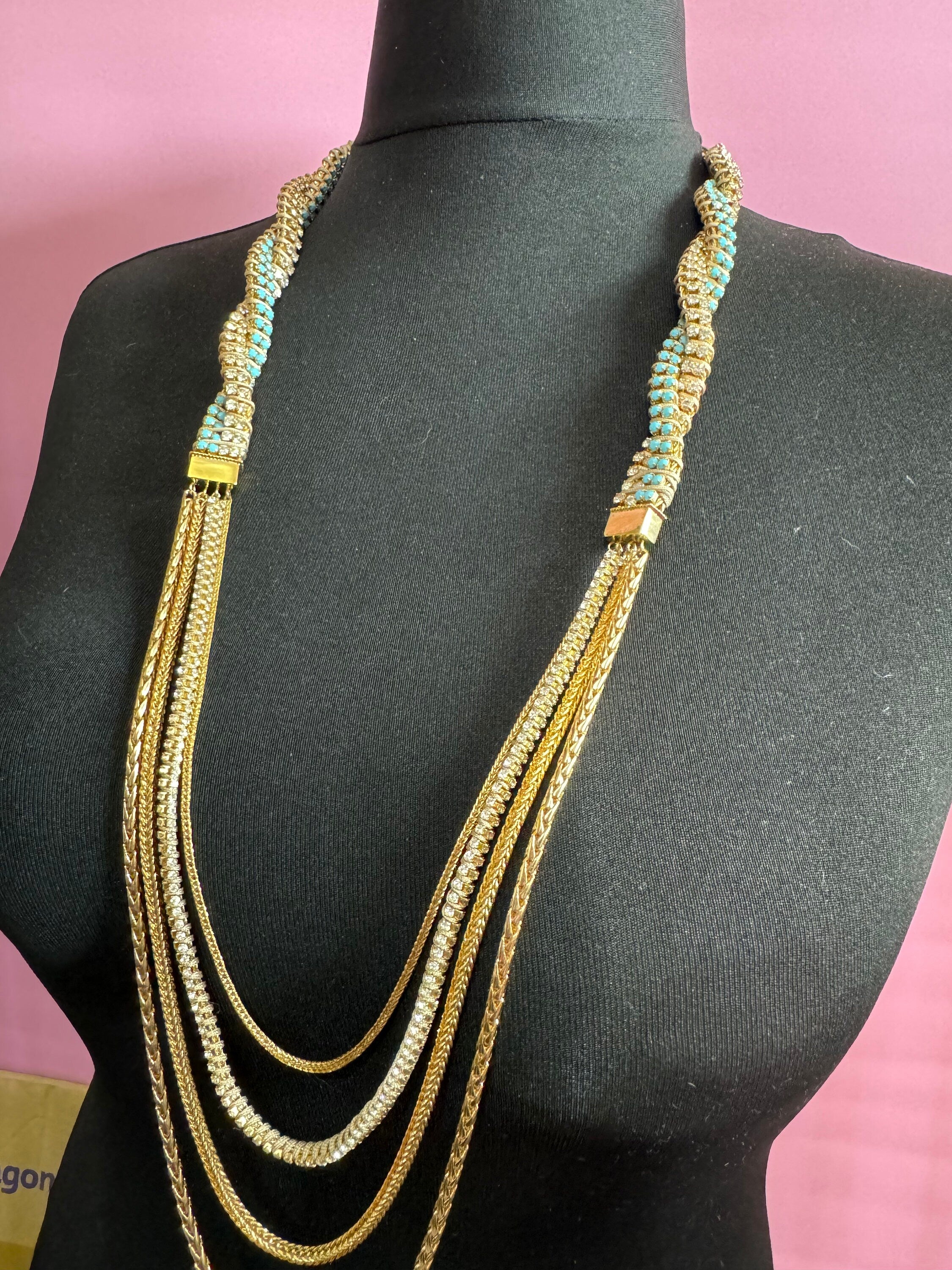 Retro Swarovski Crystal Diamanté Necklace: Turquoise Silk Cord & Gold Chain