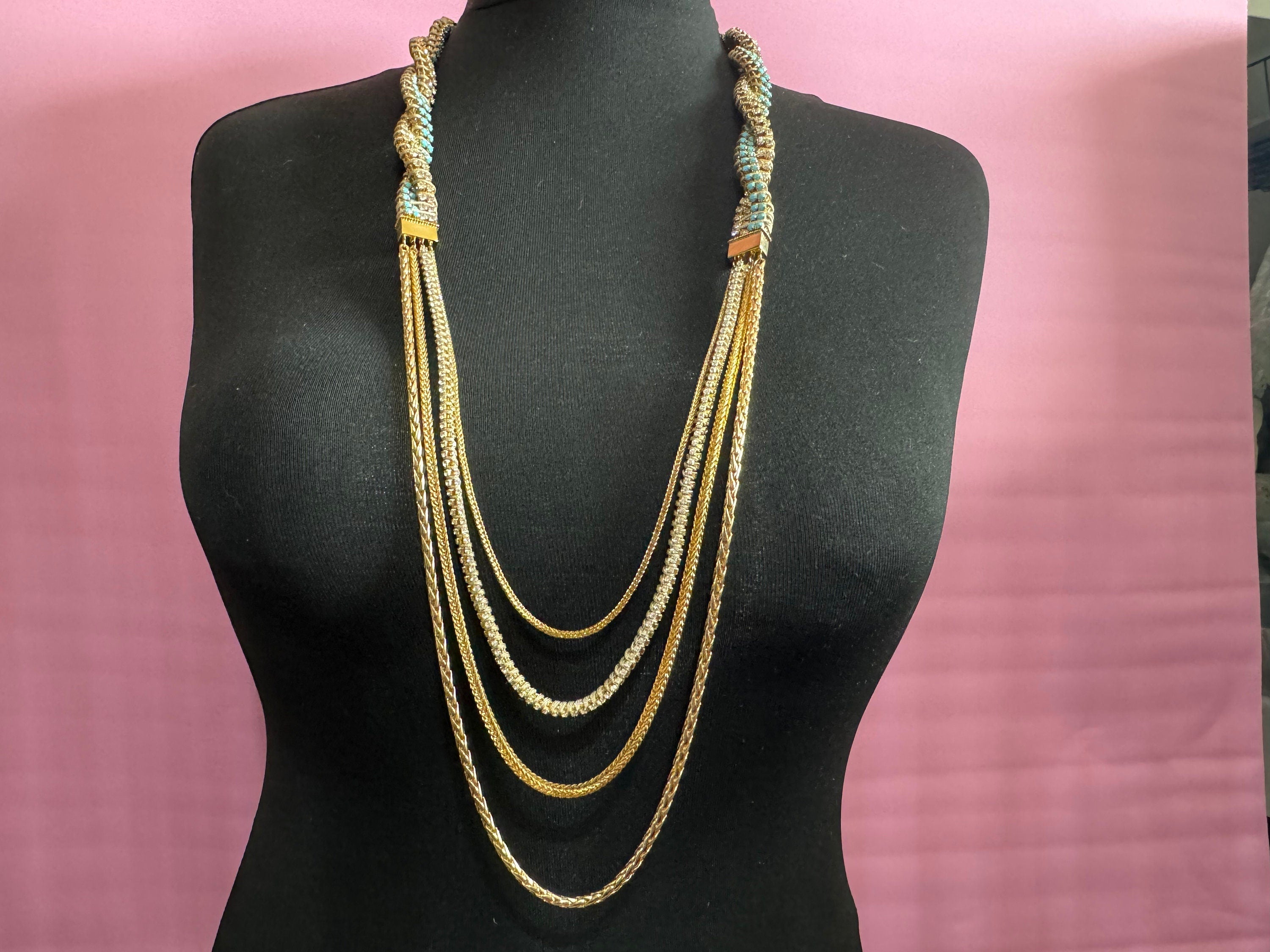 Retro Swarovski Crystal Diamanté Necklace: Turquoise Silk Cord & Gold Chain