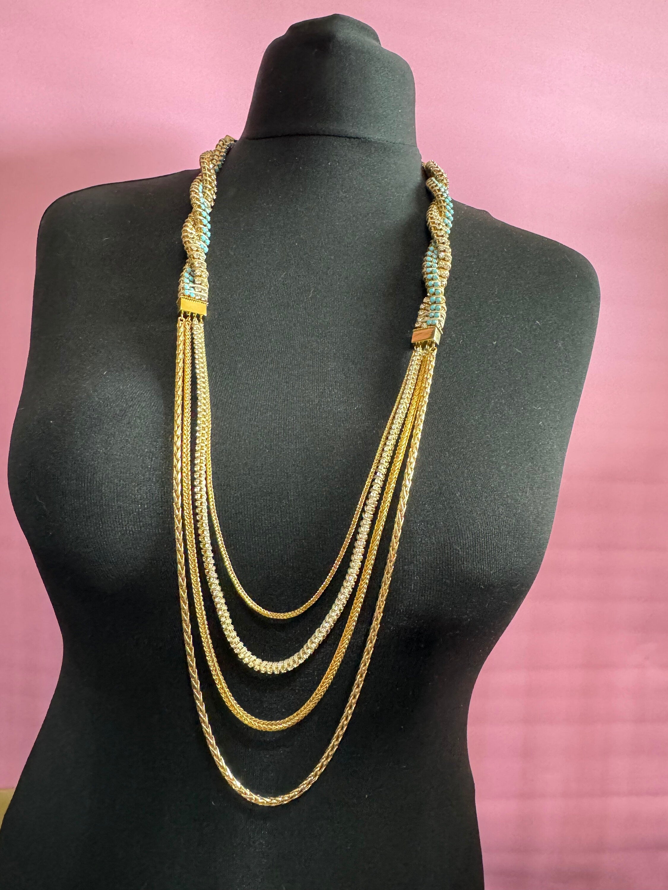 Retro Swarovski Crystal Diamanté Necklace: Turquoise Silk Cord & Gold Chain