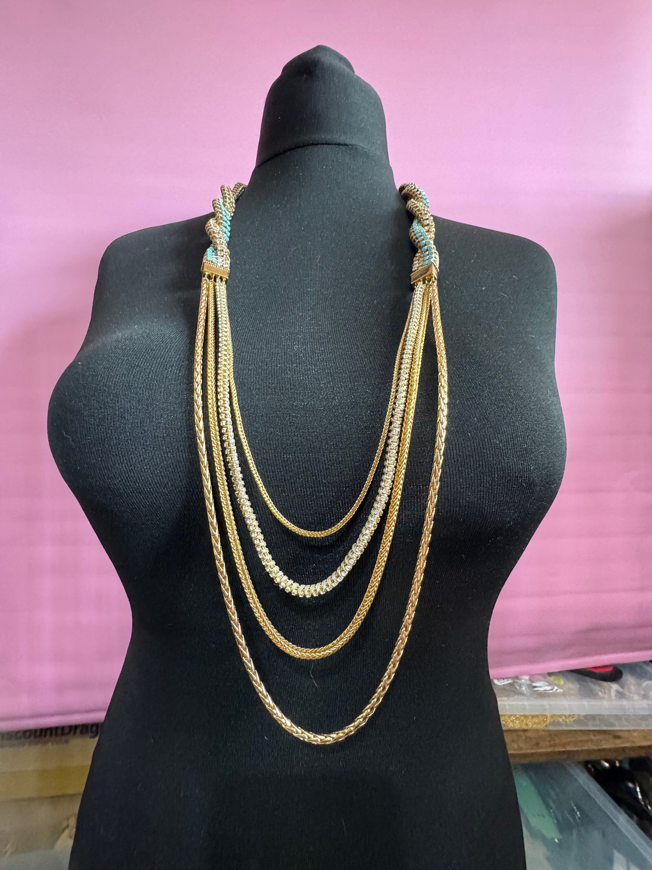 Retro Swarovski Crystal Diamanté Necklace: Turquoise Silk Cord & Gold Chain