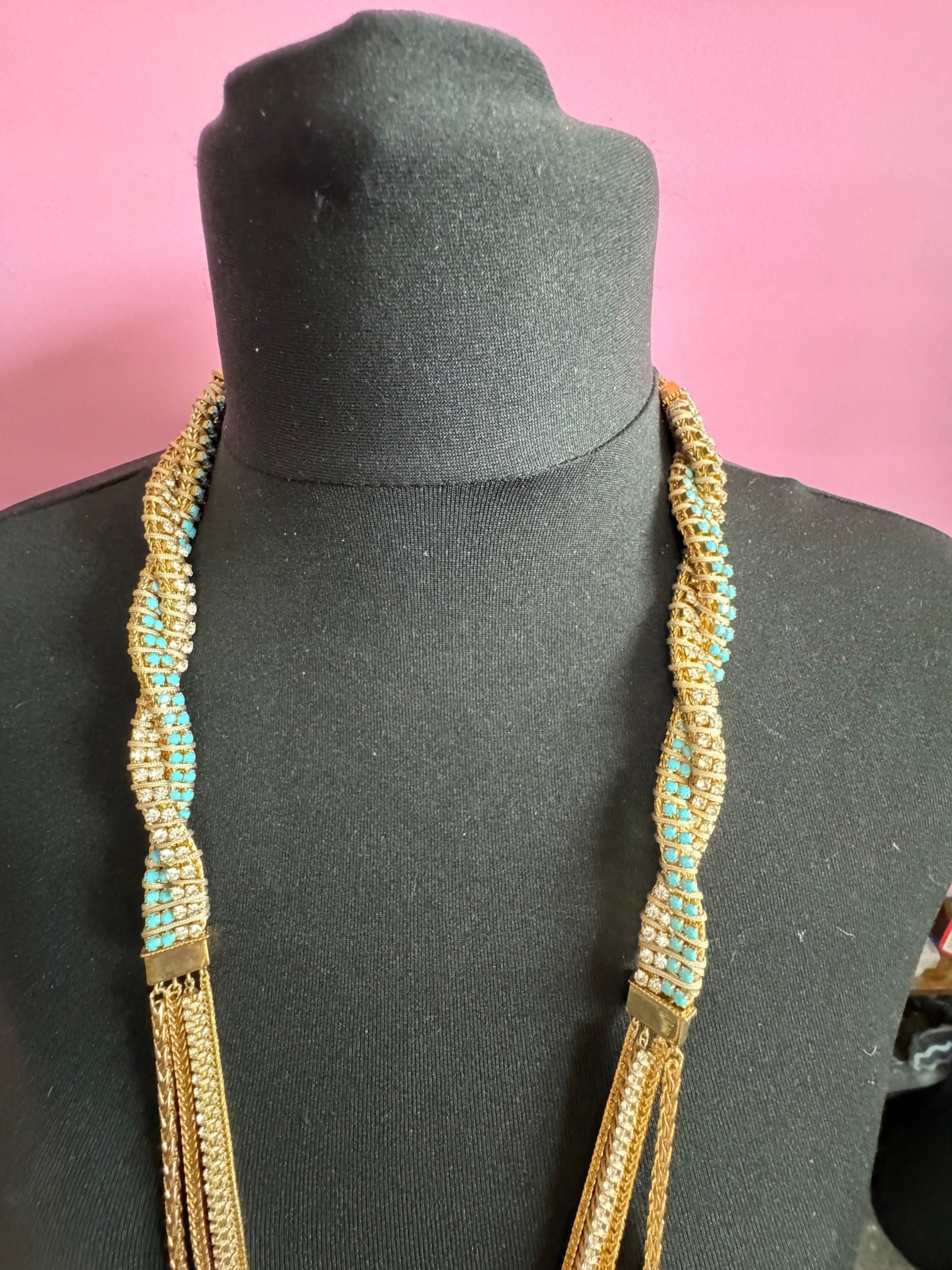Retro Swarovski Crystal Diamanté Necklace: Turquoise Silk Cord & Gold Chain