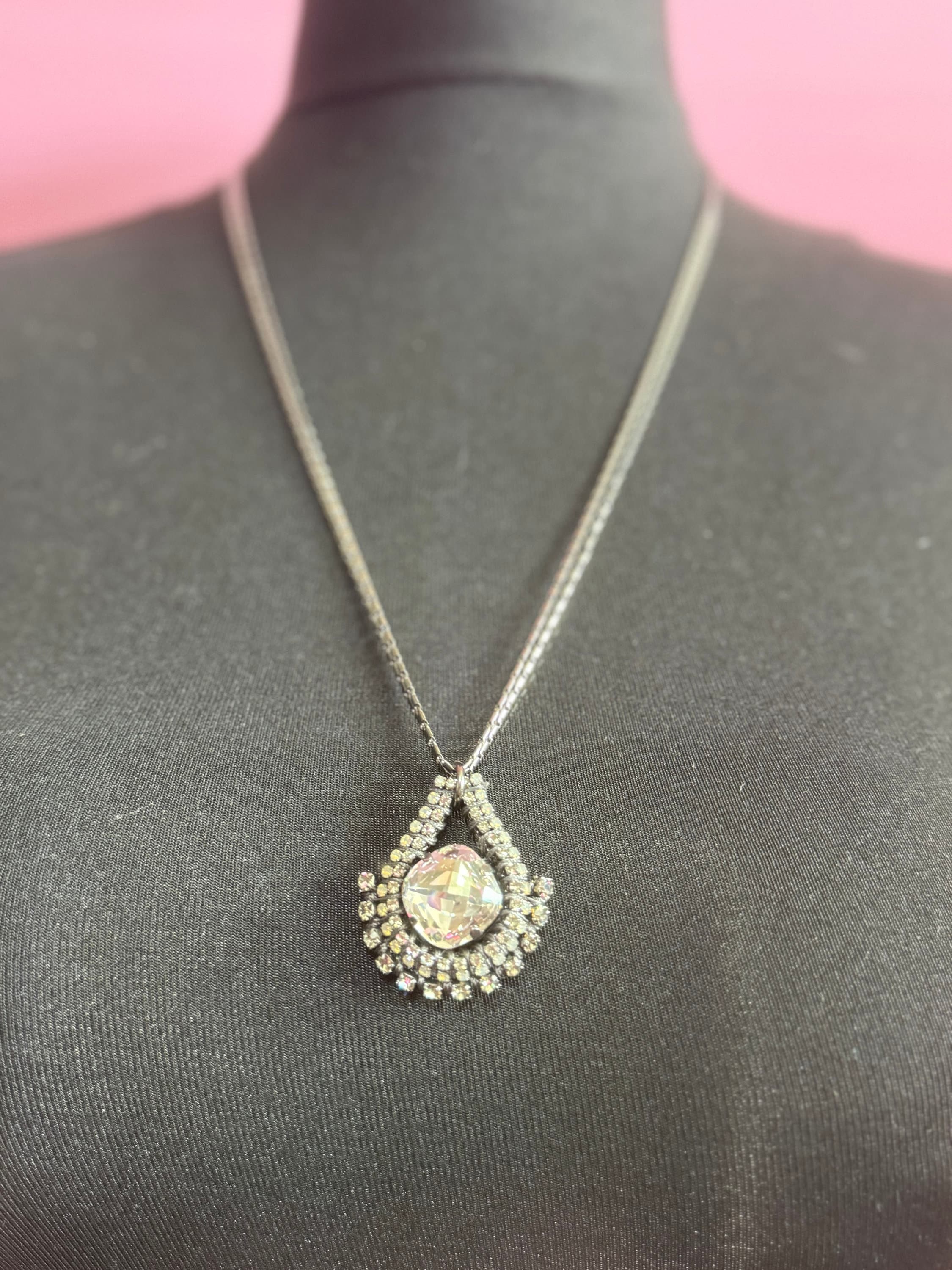 Retro clear Swarovski Crystal dark grey silver tone diamanté teardrop necklace designer