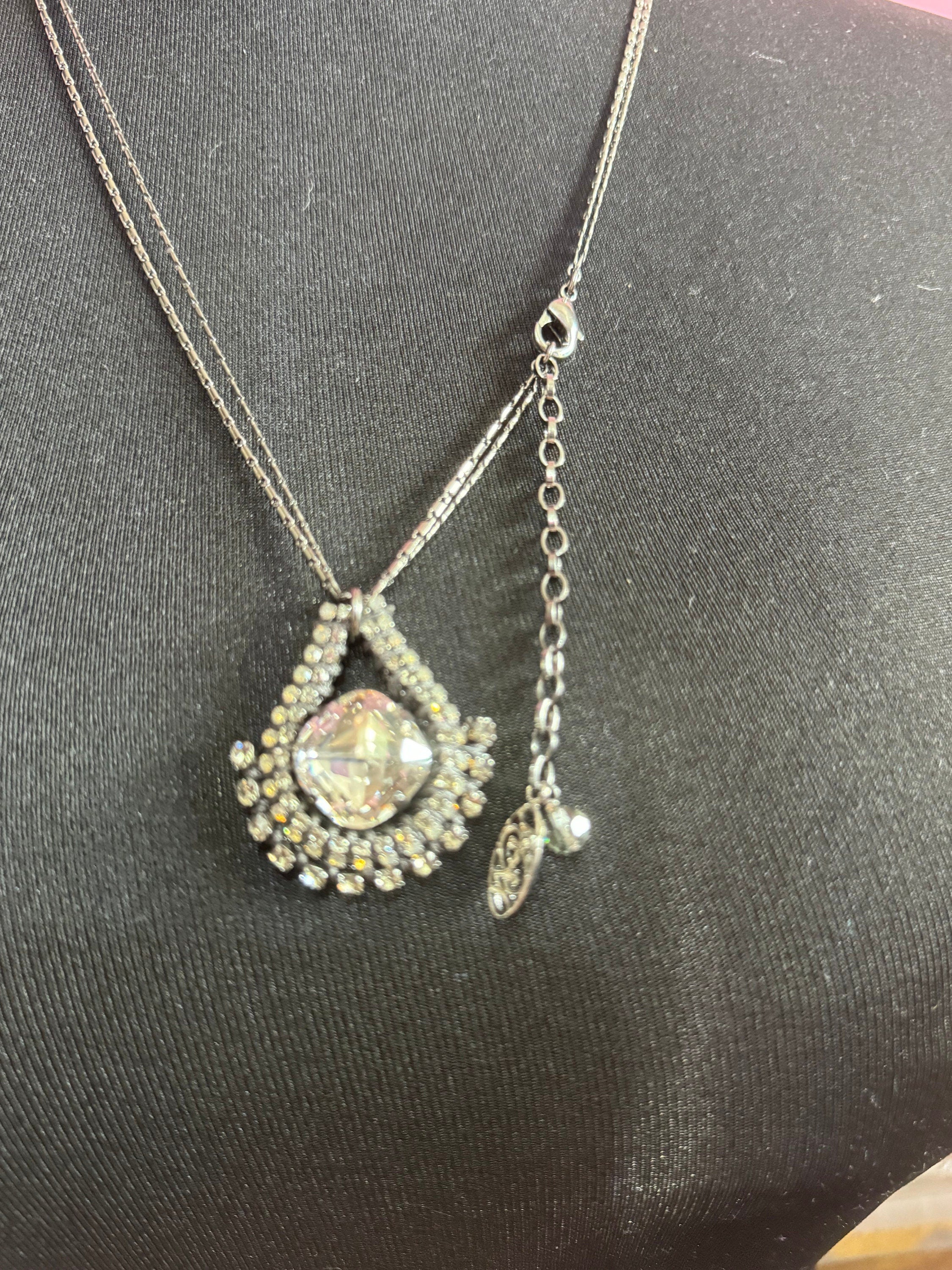Retro clear Swarovski Crystal dark grey silver tone diamanté teardrop necklace designer