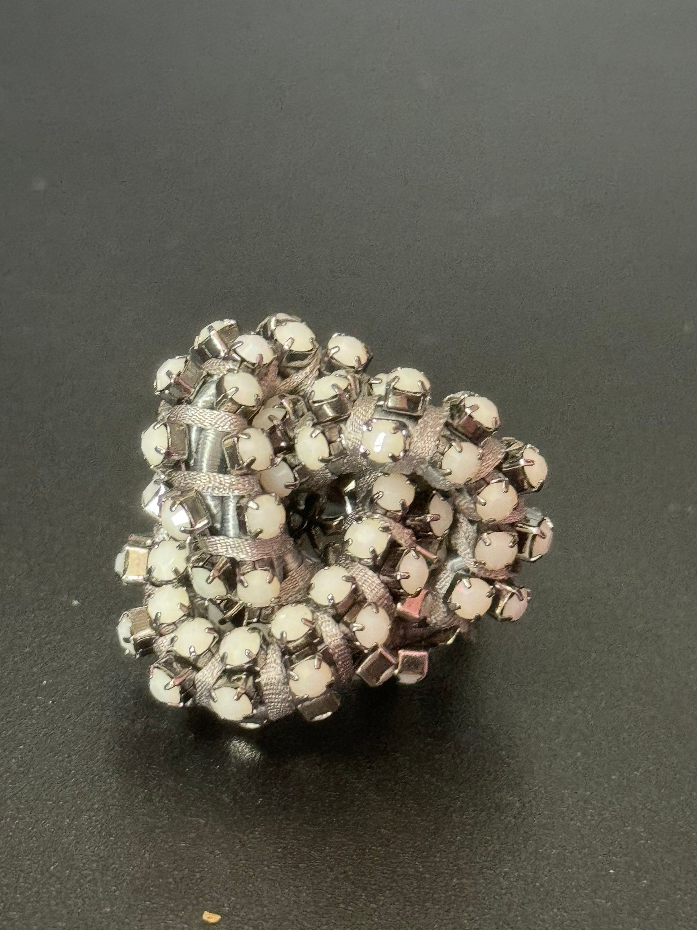 Retro white Swarovski Crystal silver tone oversized knot cocktail ring adjustable designer