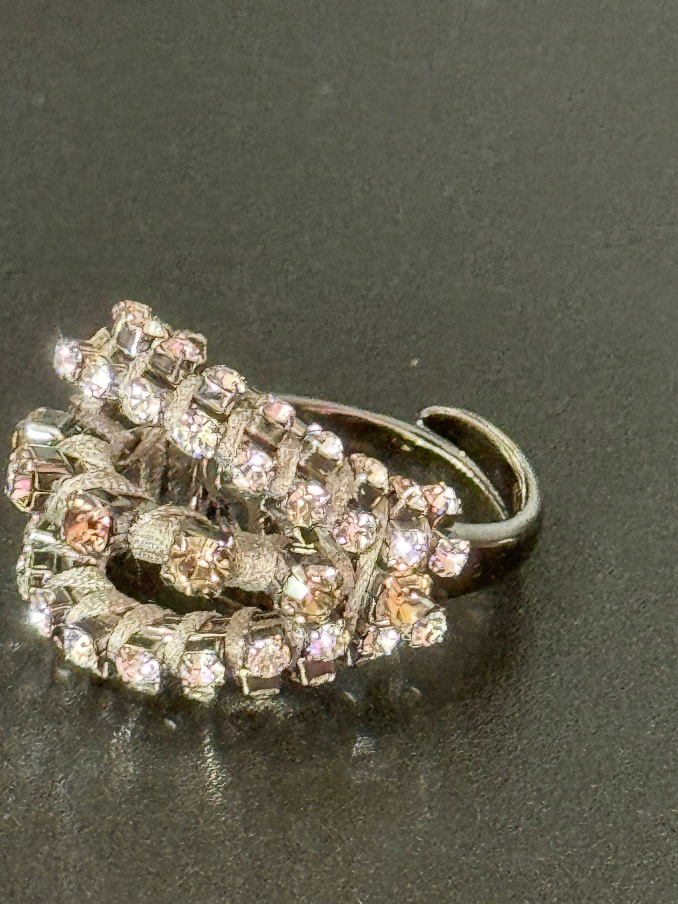 Retro Clear Swarovski Crystal silver tone grey Japanese silk cord cocktail ring adjustable designer