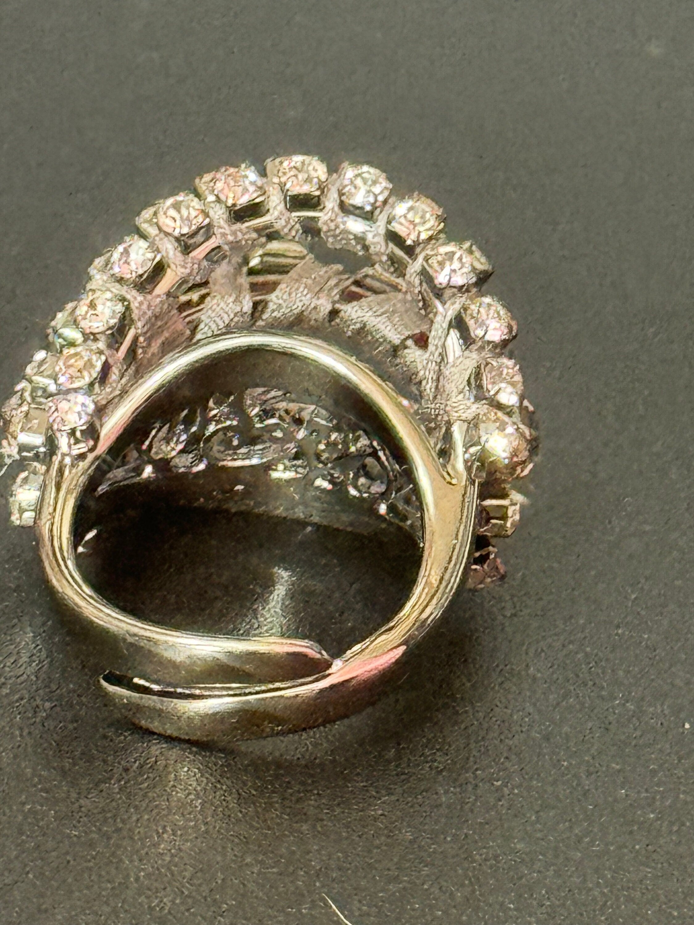 Retro Clear Swarovski Crystal silver tone grey Japanese silk cord cocktail ring adjustable designer