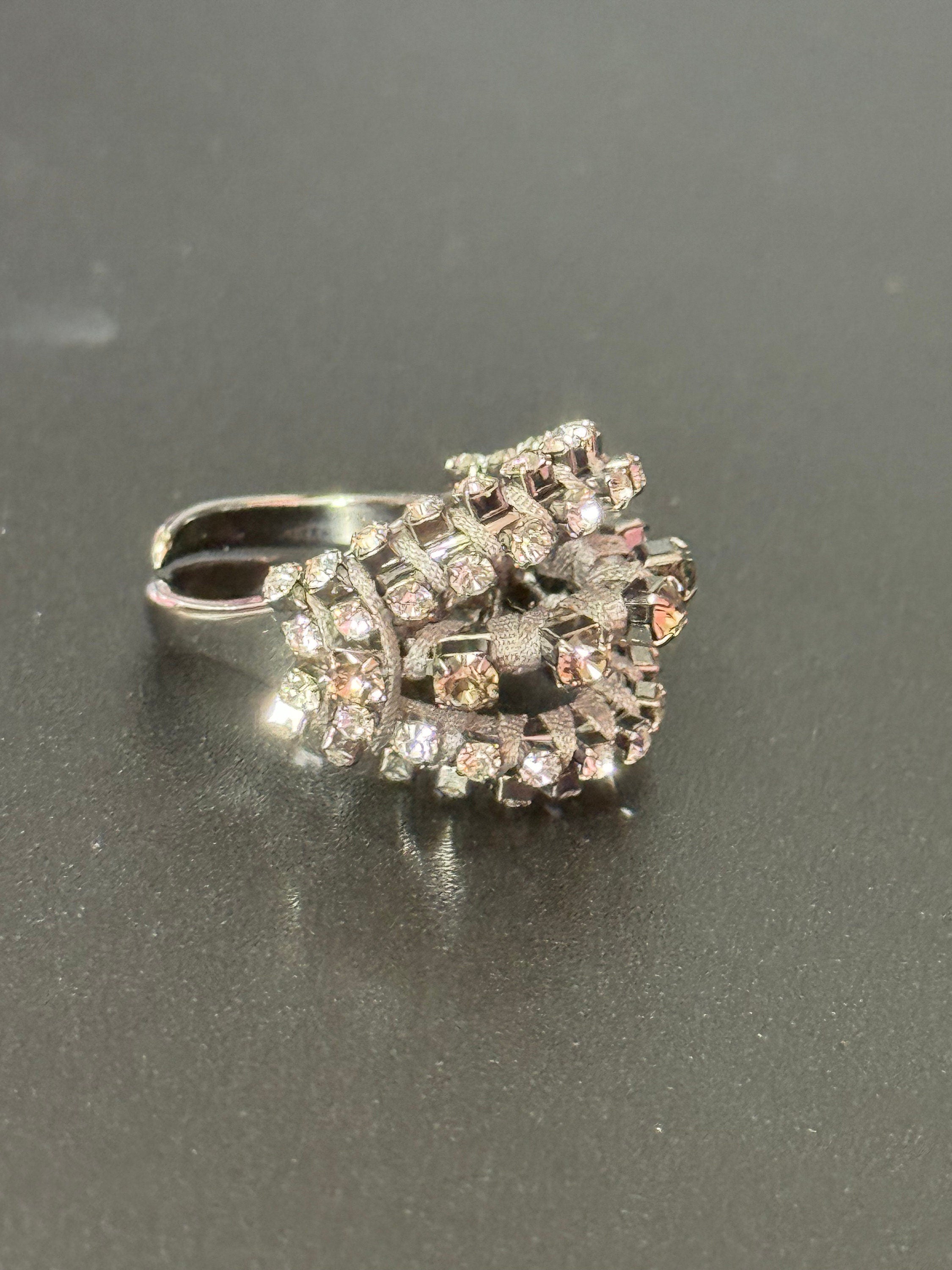 Retro Clear Swarovski Crystal silver tone grey Japanese silk cord cocktail ring adjustable designer