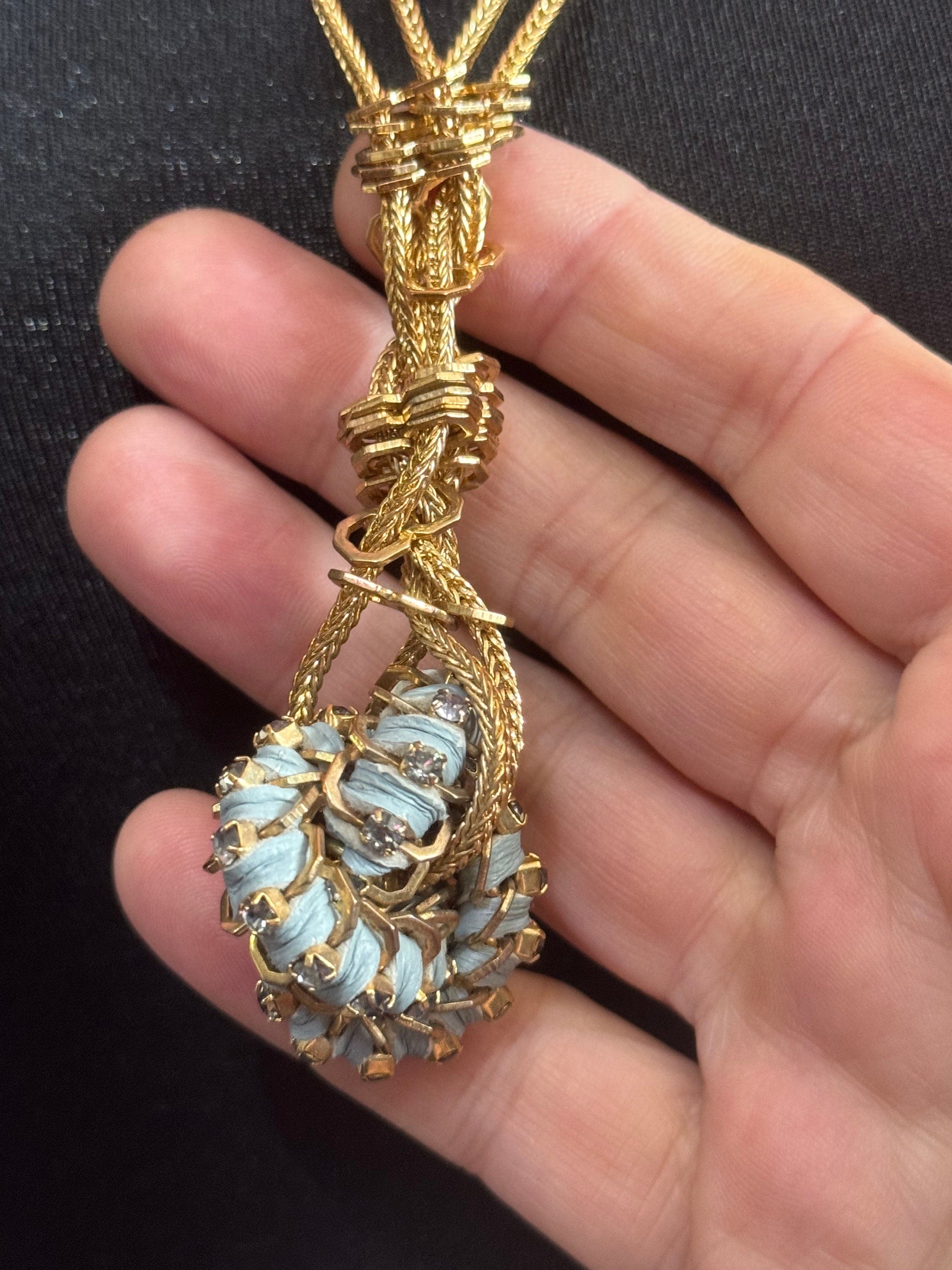 Retro soft Grey Swarovski Crystal gold tone diamanté blue Japanese silk cord knot pendant necklace designer