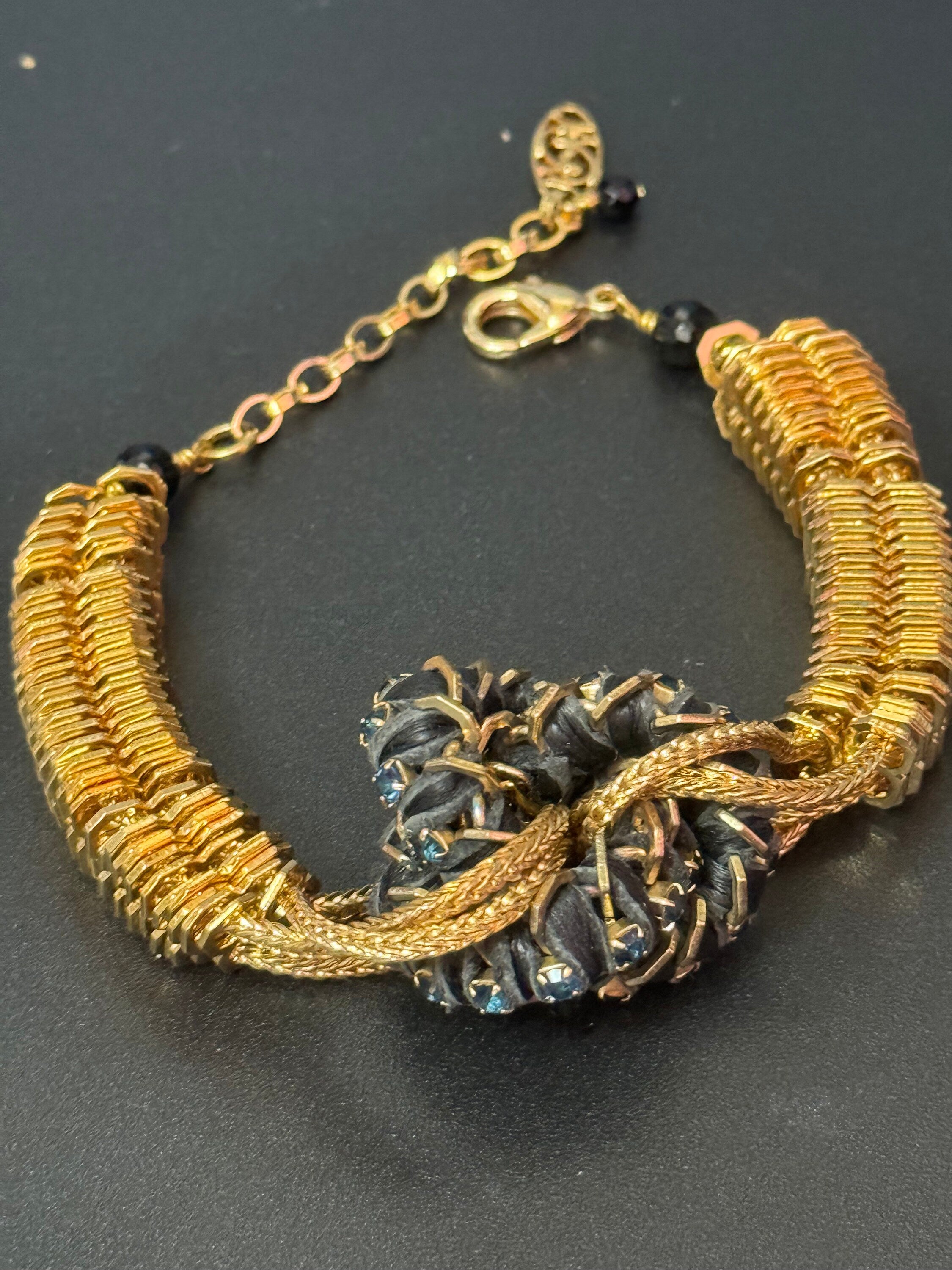 Retro black Swarovski Crystal silk cord gold tone cocktail knot bracelet designer