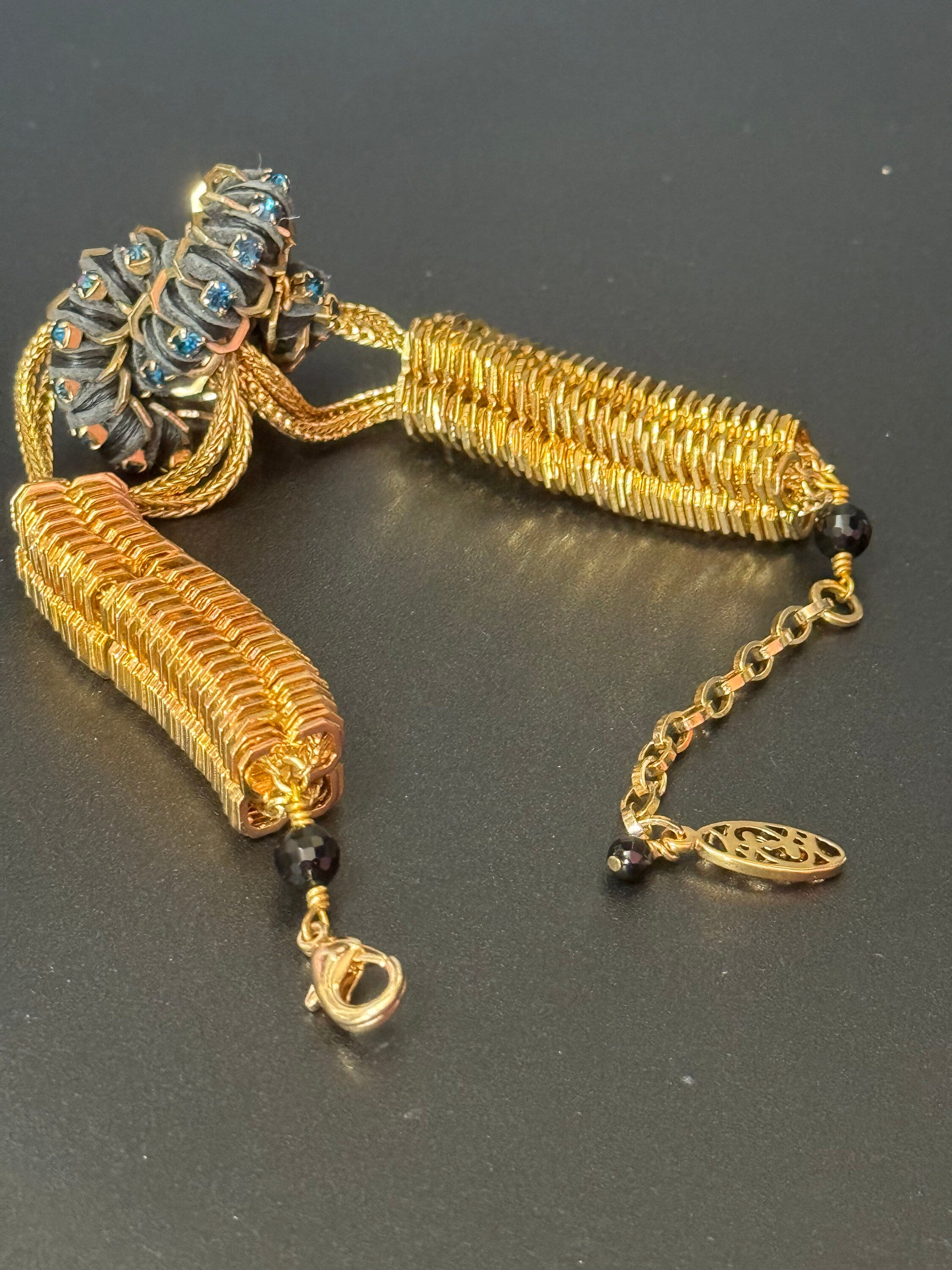 Retro black Swarovski Crystal silk cord gold tone cocktail knot bracelet designer