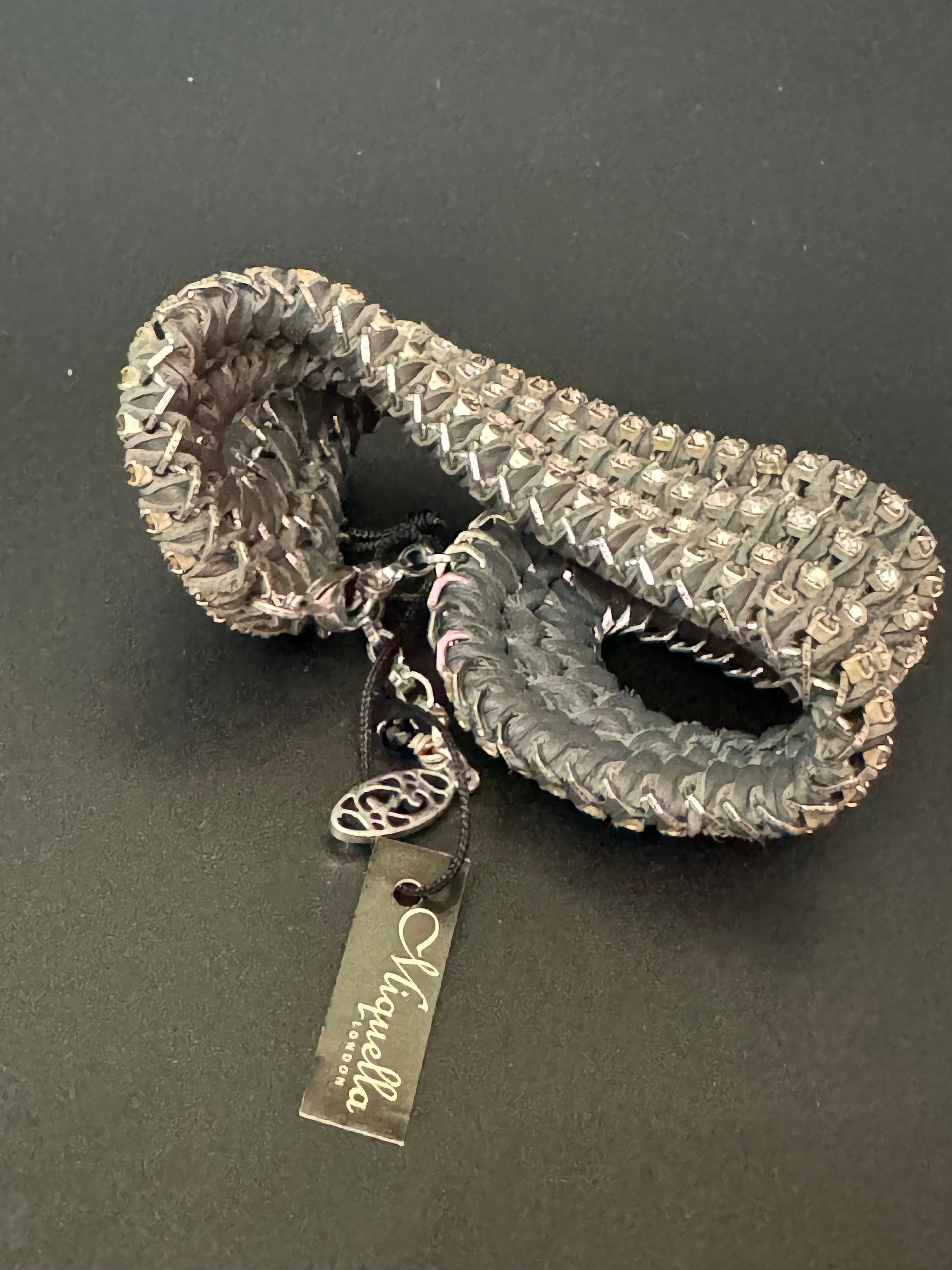 Retro grey & clear Swarovski Crystal diamanté and silk cord wide chunky cocktail bracelet designer