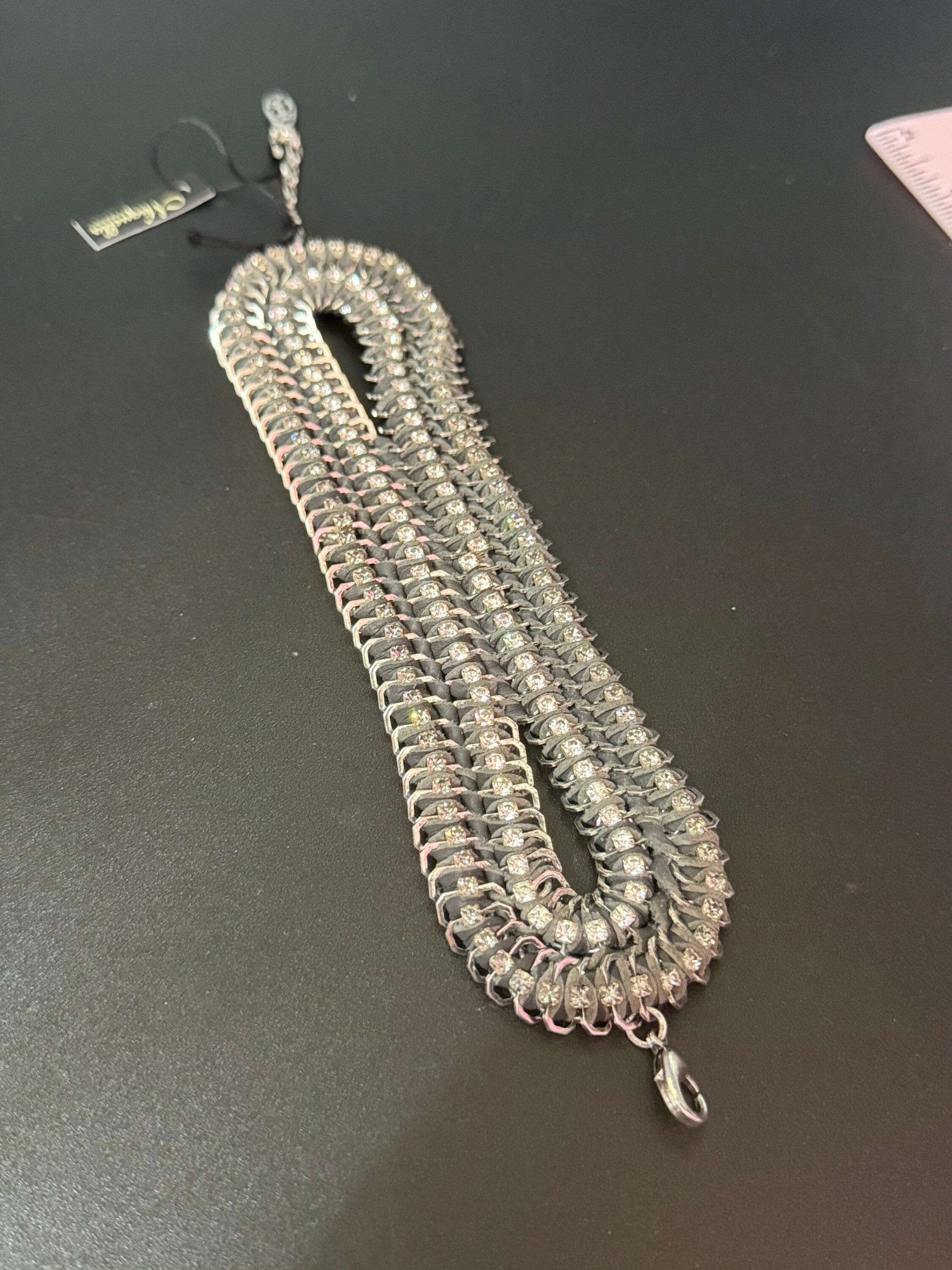 Retro grey & clear Swarovski Crystal diamanté and silk cord wide chunky cocktail bracelet designer