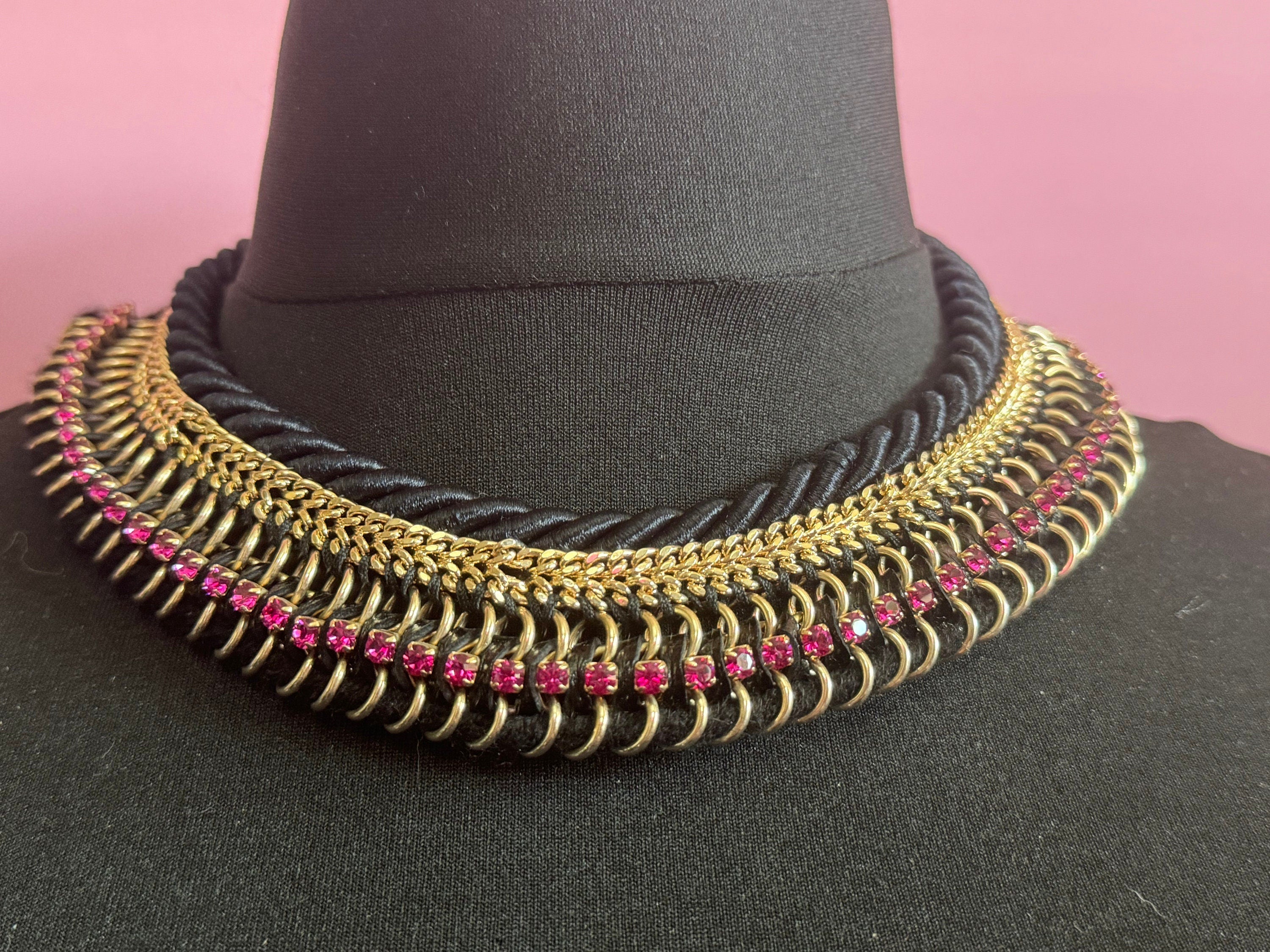 Swarovski Crystal Choker: Retro Pink Diamanté, Black Silk Cord