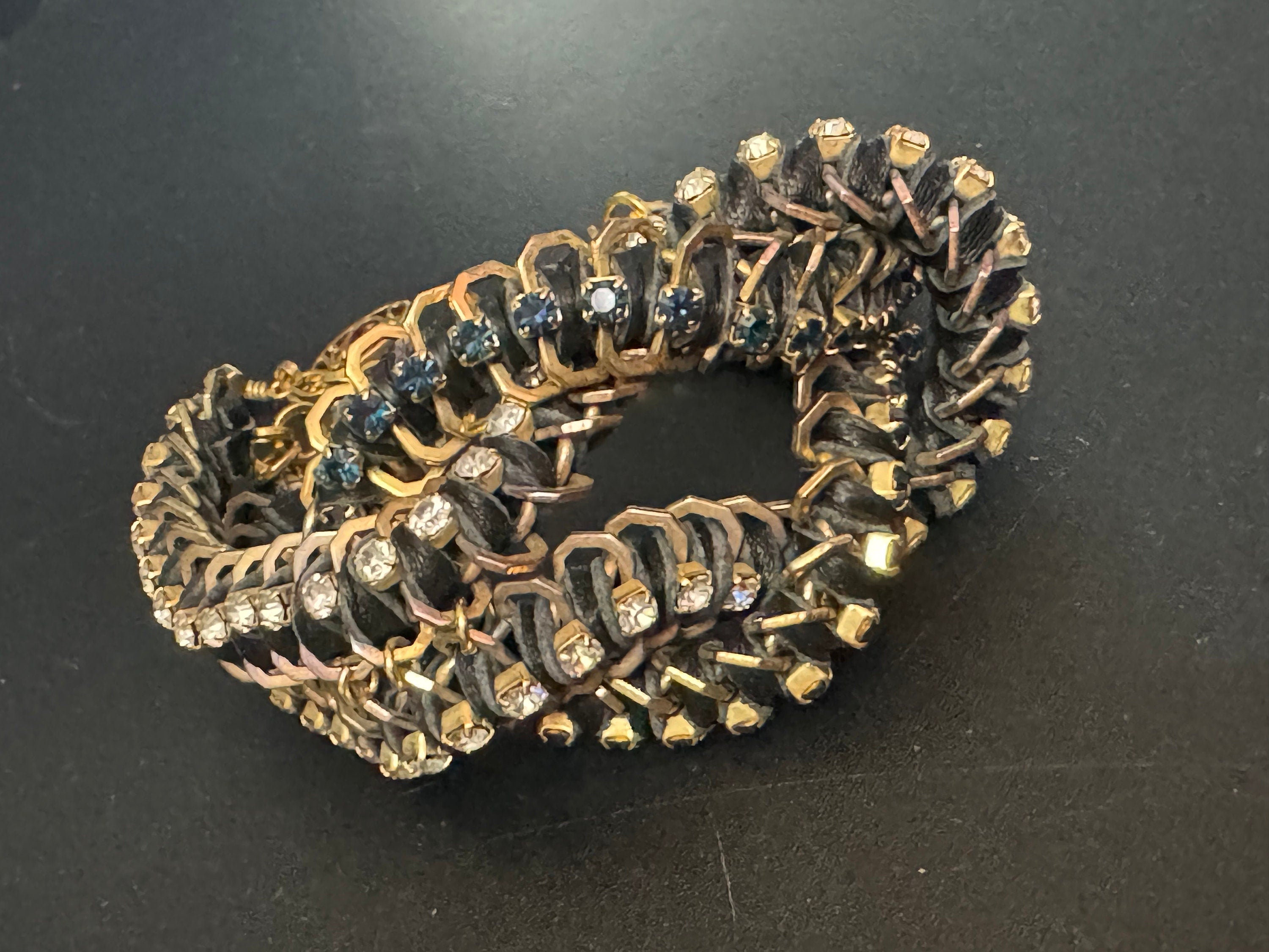 Retro Swarovski Crystal Cocktail Bracelet: Silk Cord Knot, Gold Tone