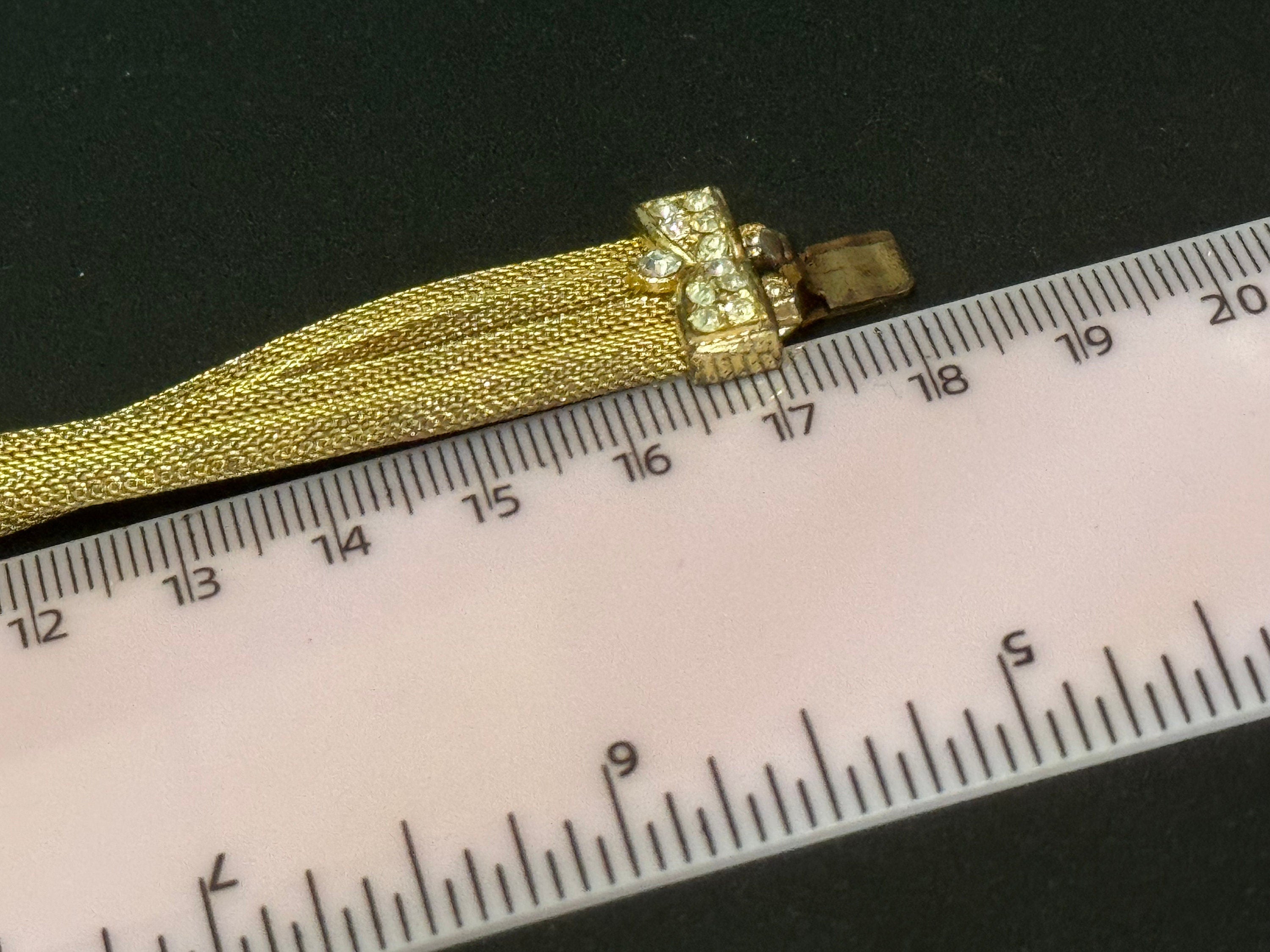 Petite fit Vintage 1960s 1970s gold tone mesh twist bracelet bangle with clear diamanté glass paste stones 17.5cm long