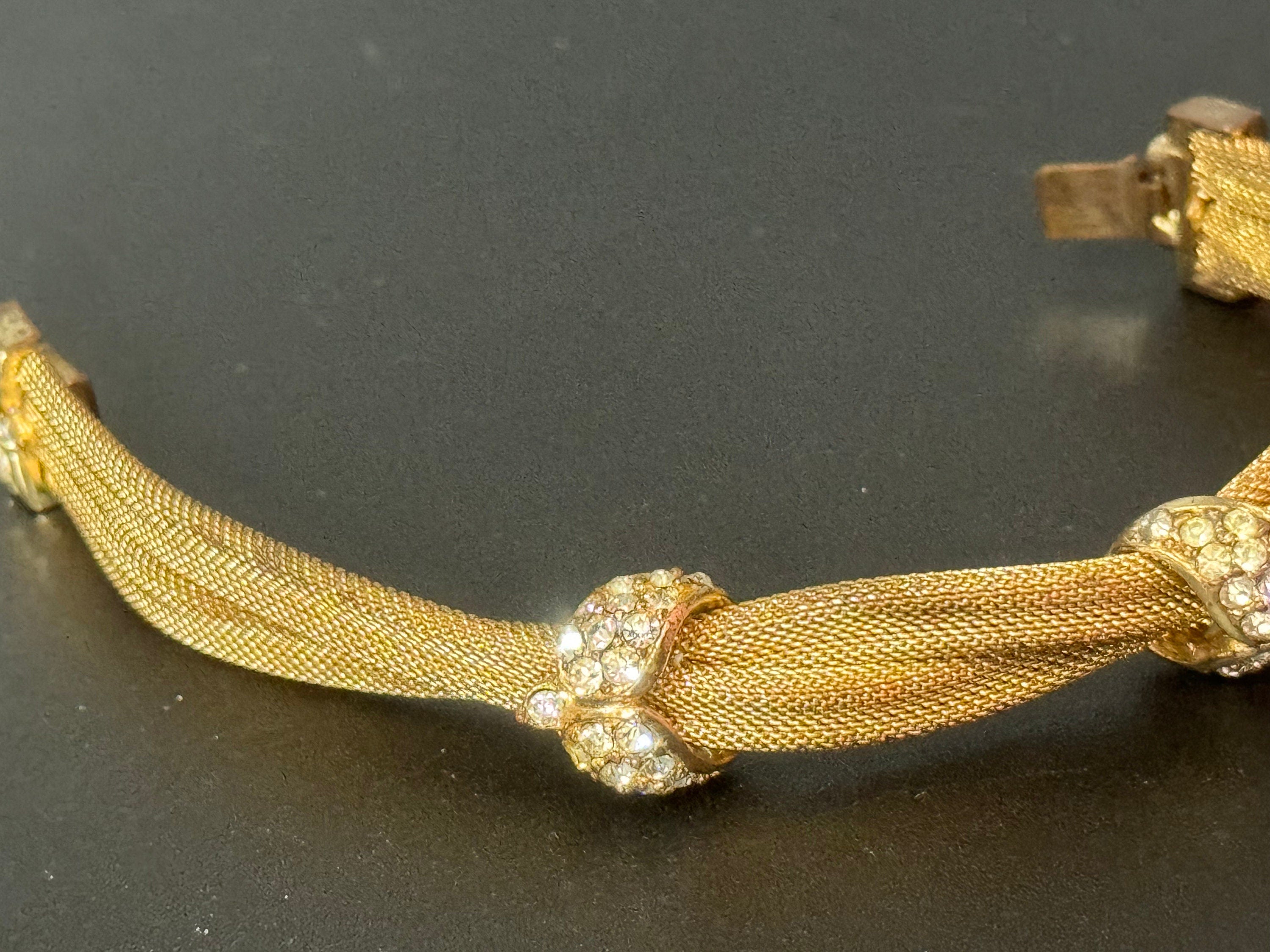 Petite fit Vintage 1960s 1970s gold tone mesh twist bracelet bangle with clear diamanté glass paste stones 17.5cm long