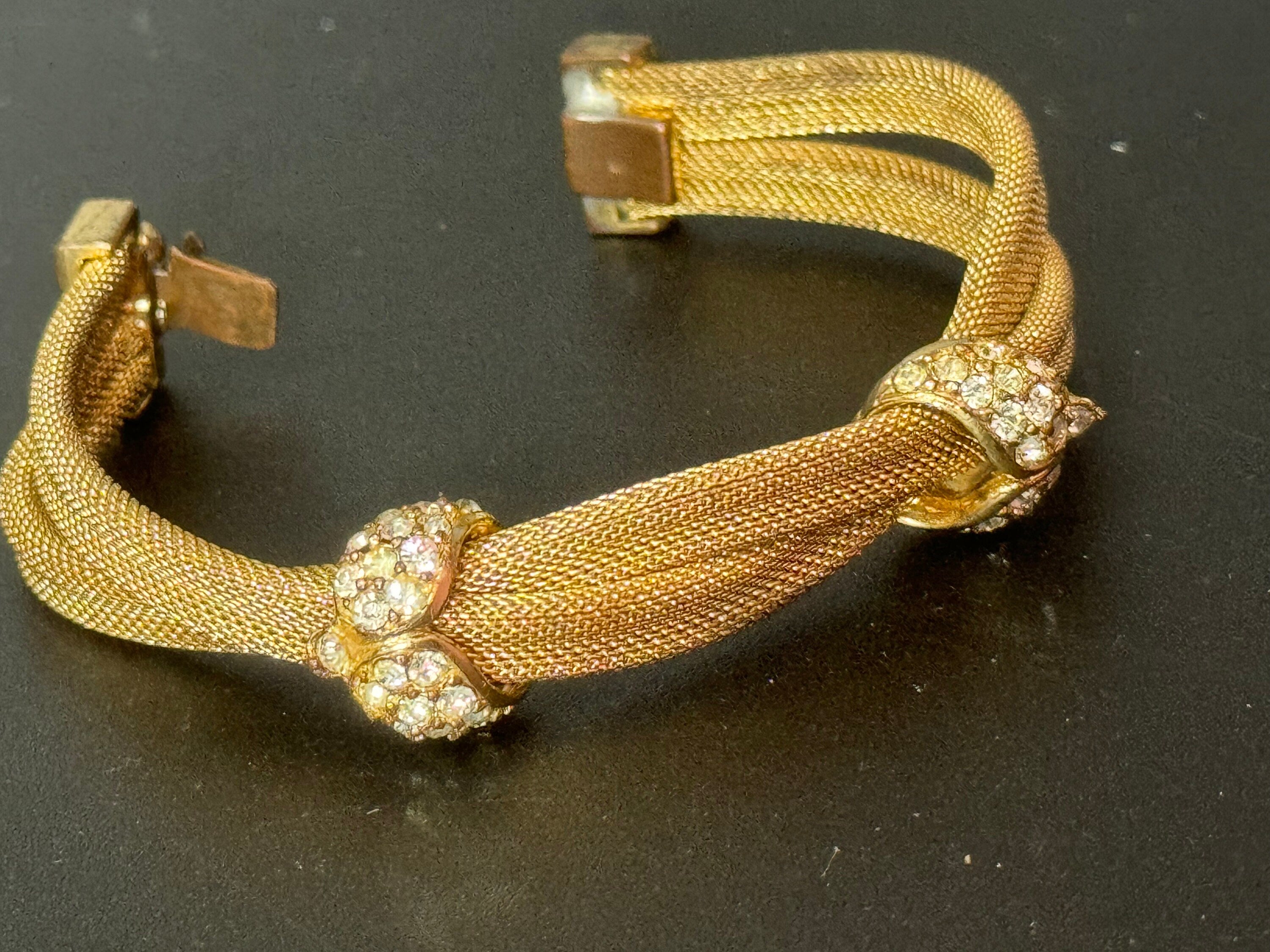 Petite fit Vintage 1960s 1970s gold tone mesh twist bracelet bangle with clear diamanté glass paste stones 17.5cm long