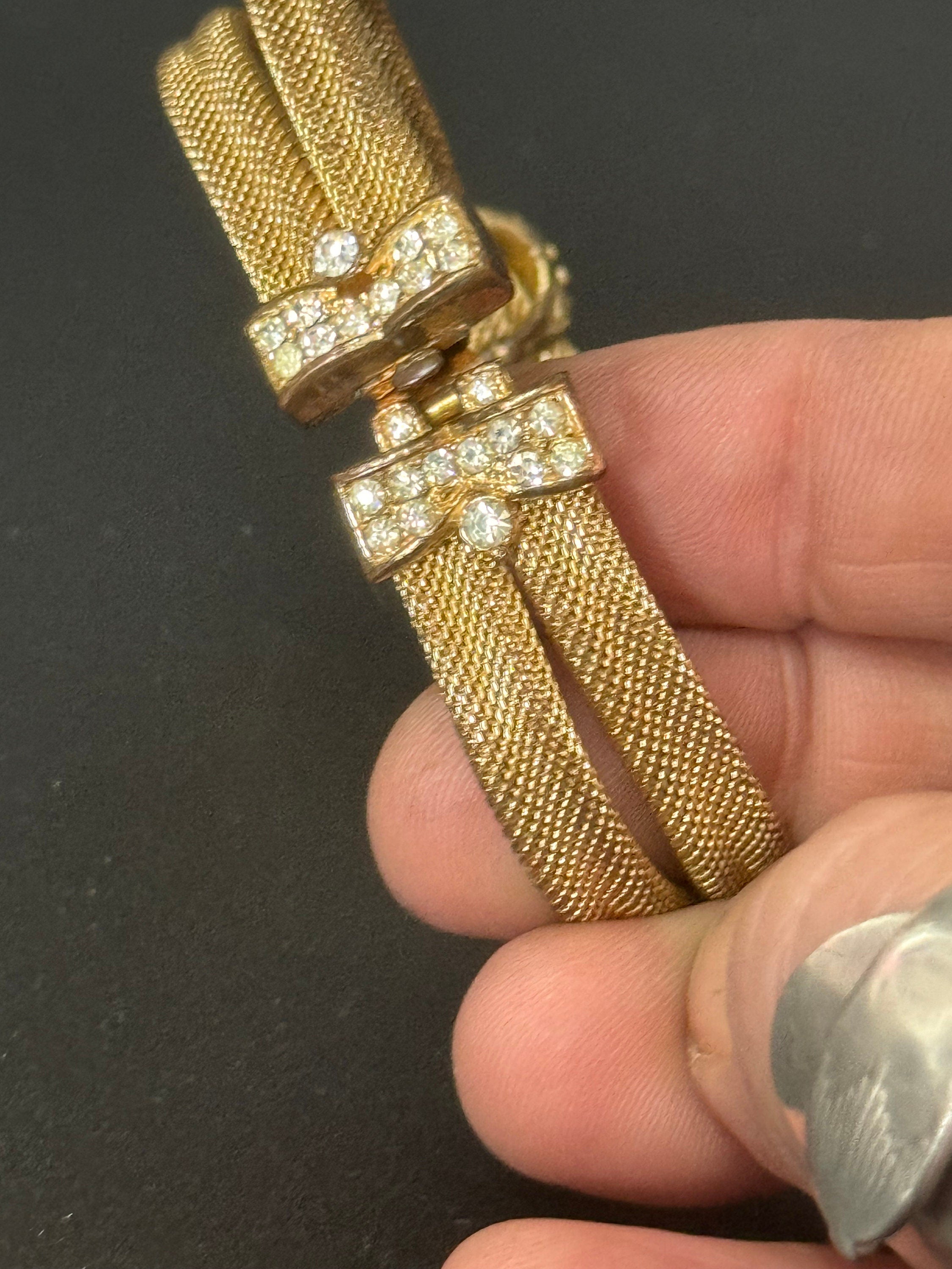 Petite fit Vintage 1960s 1970s gold tone mesh twist bracelet bangle with clear diamanté glass paste stones 17.5cm long