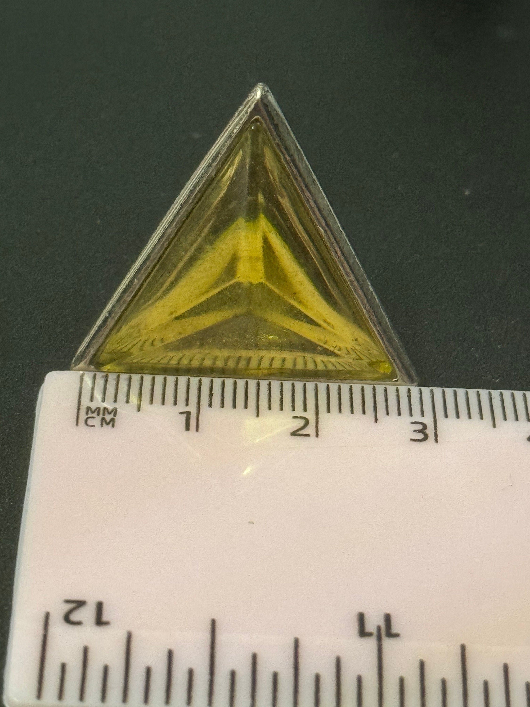 Vintage YSL Yves Saint Laurent 3cm silver tone triangle clip on earrings with yellow cabochons