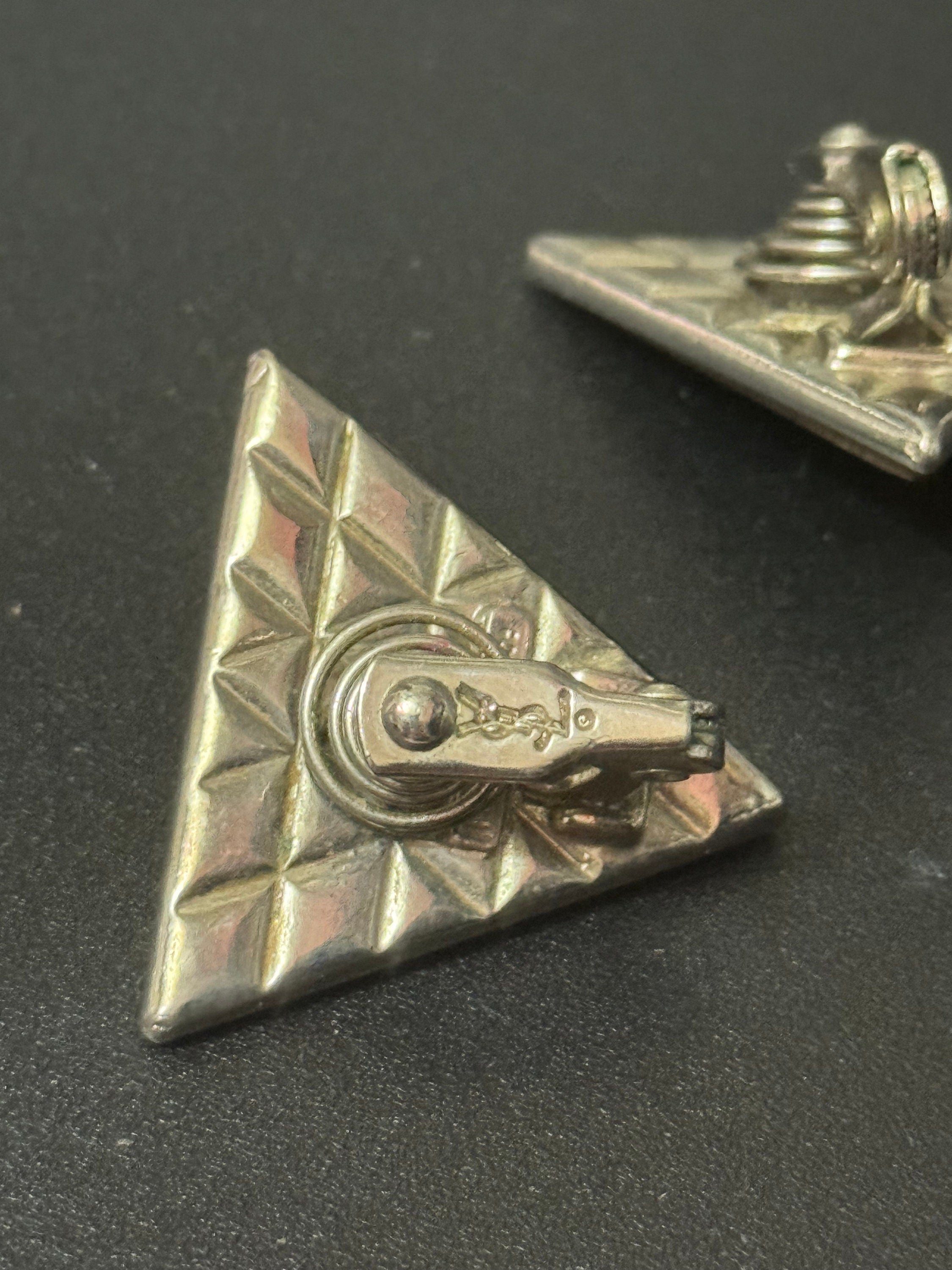 Vintage YSL Yves Saint Laurent 3cm silver tone triangle clip on earrings with yellow cabochons