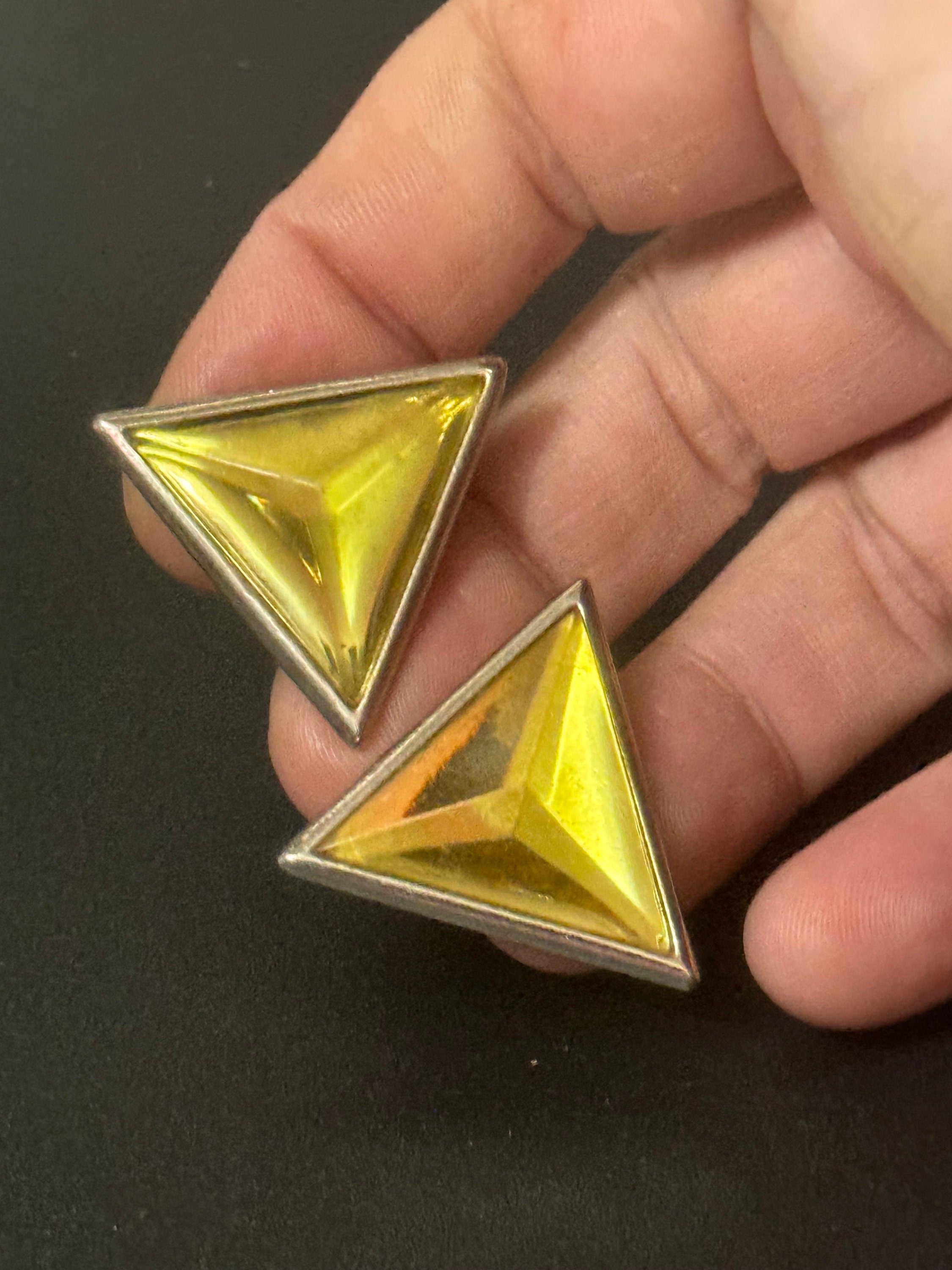 Vintage YSL Yves Saint Laurent 3cm silver tone triangle clip on earrings with yellow cabochons