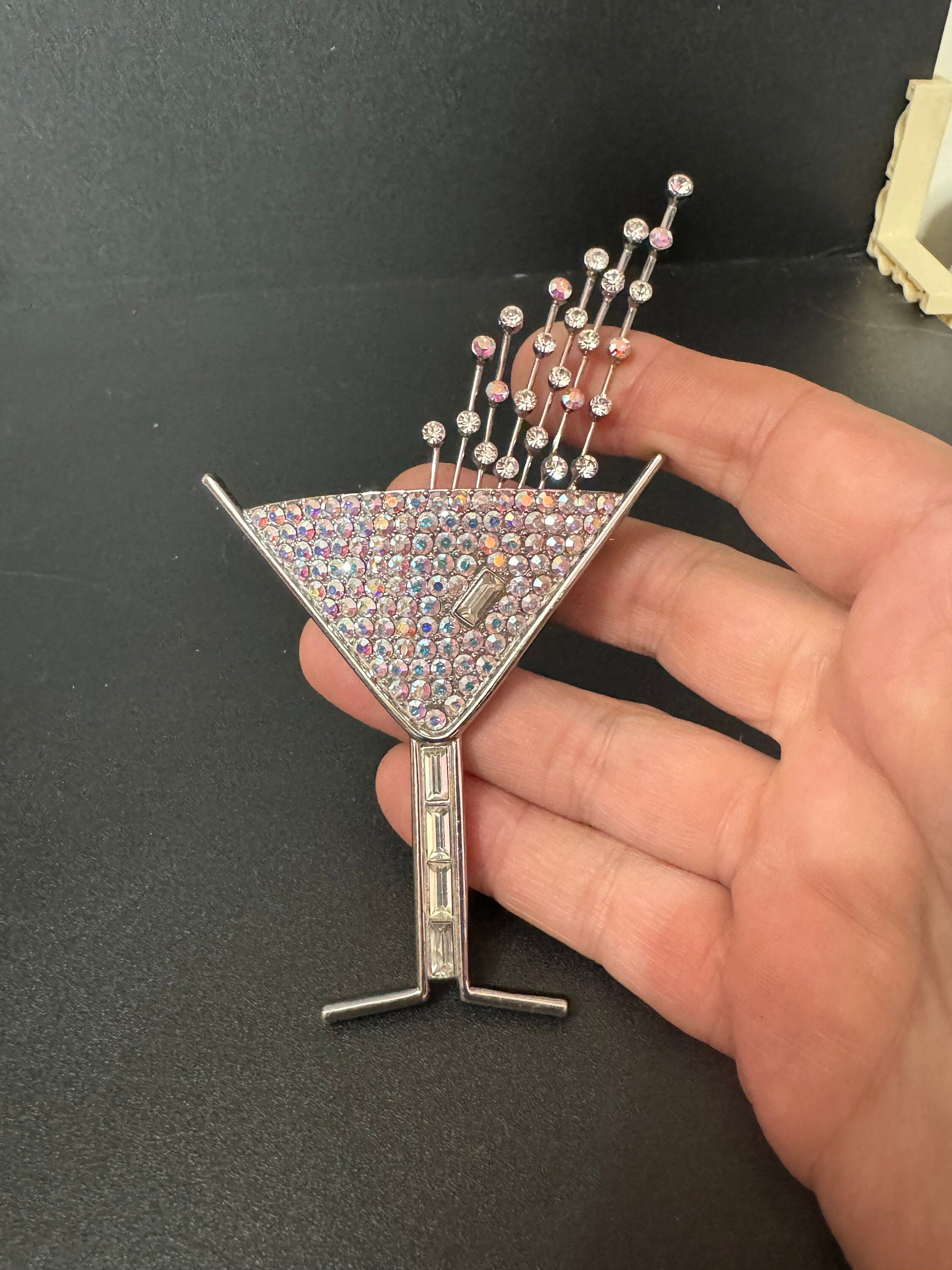 Signed butler and Wilson AB aurora borealis rainbow diamanté champagne cocktail glass brooch 12cm