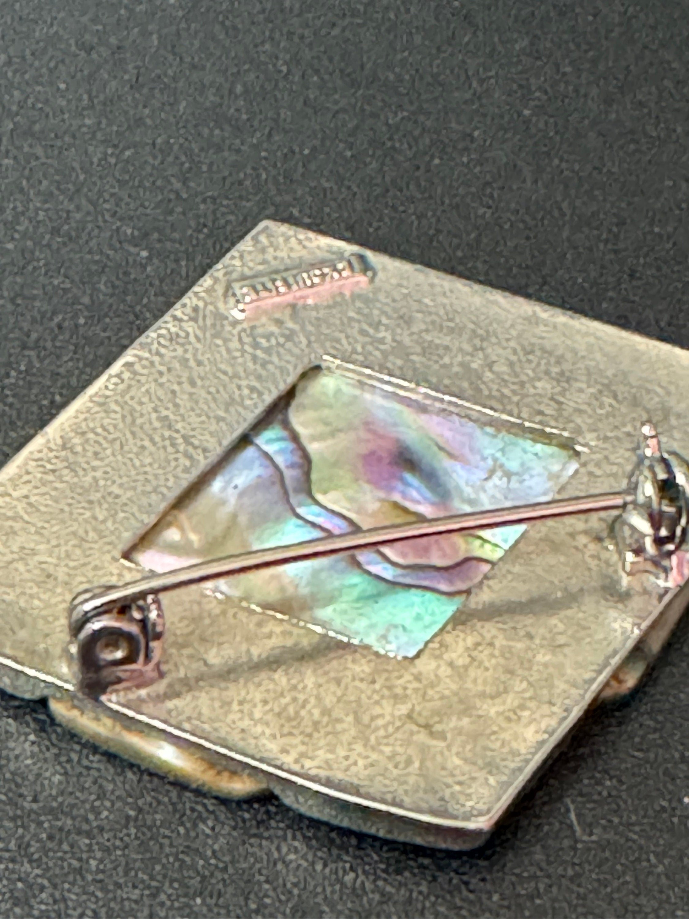 Signed Exquisite vintage Modernist silver tone Steel Brooch central MOP abalone pearl Mid Century 1960s 1970s